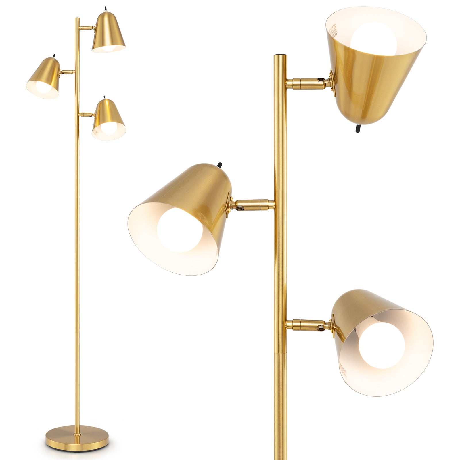 3-Bulb Floor Lamp with 3 E26 A19 Bulbs and Adjustable Lampshades-Golden