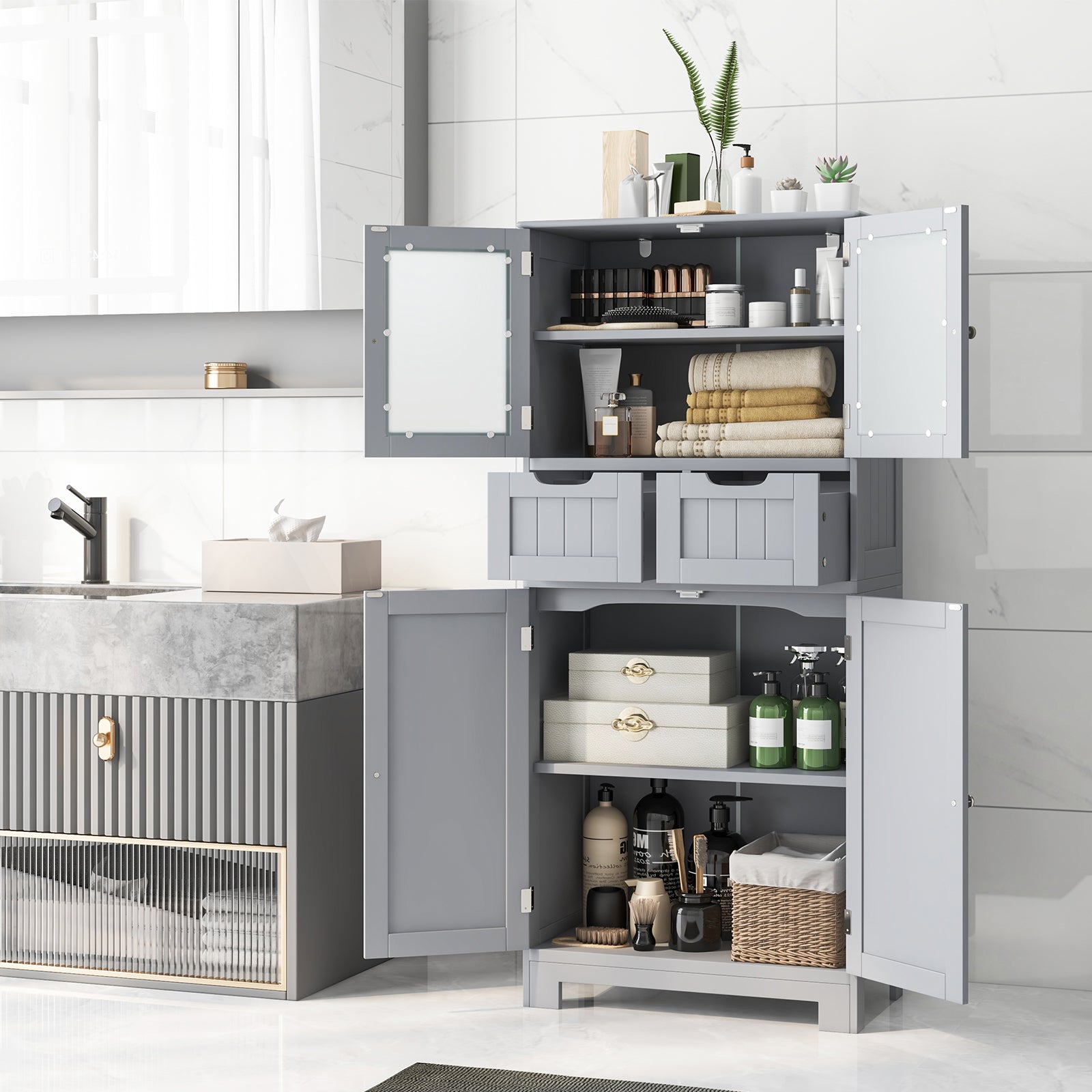 Floor Storage Cabinet with 2 Glass Doors, 2 Drawers and Adjustable Shelves-Grey