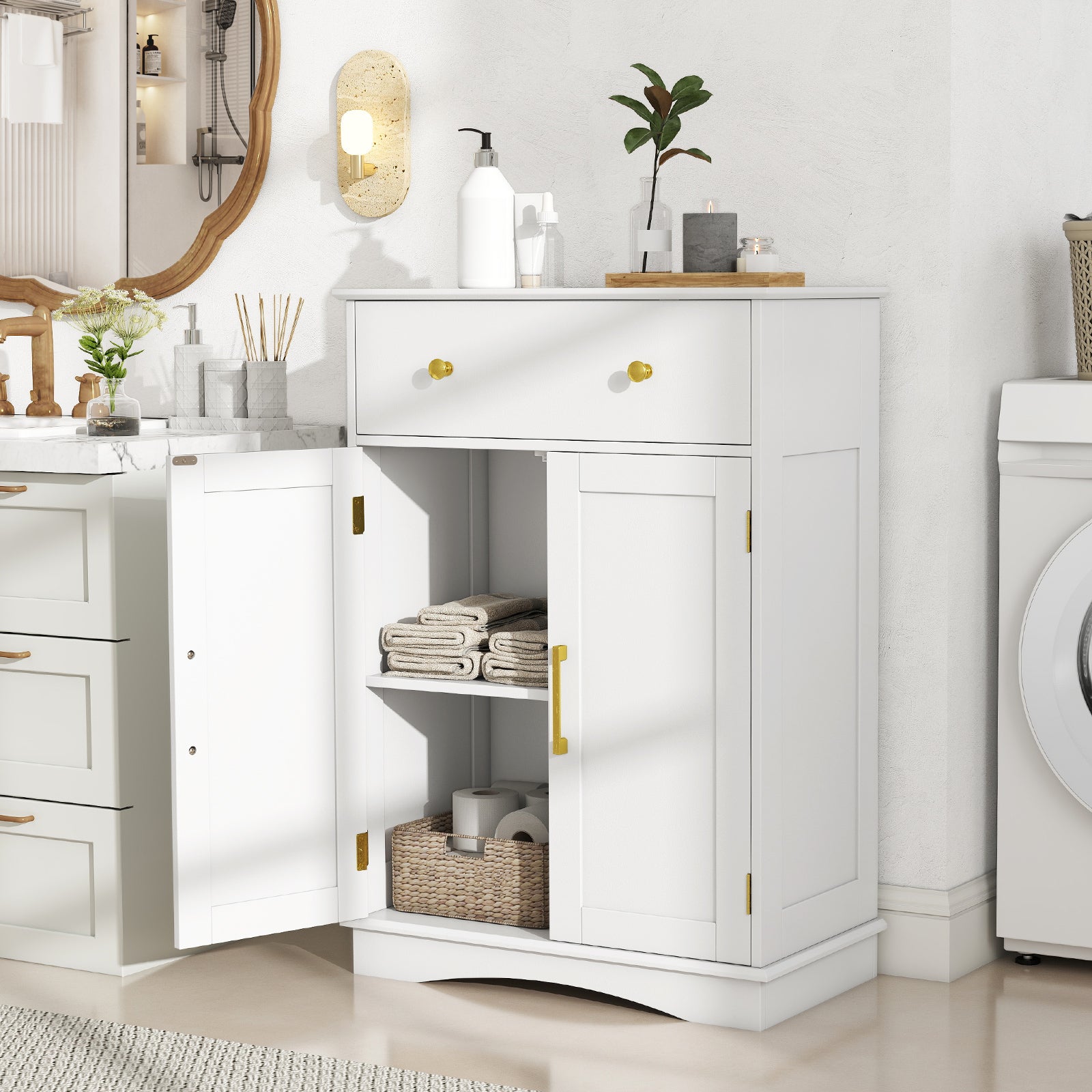 Floor Storage Cabinet with Doors and Adjustable Shelf-White