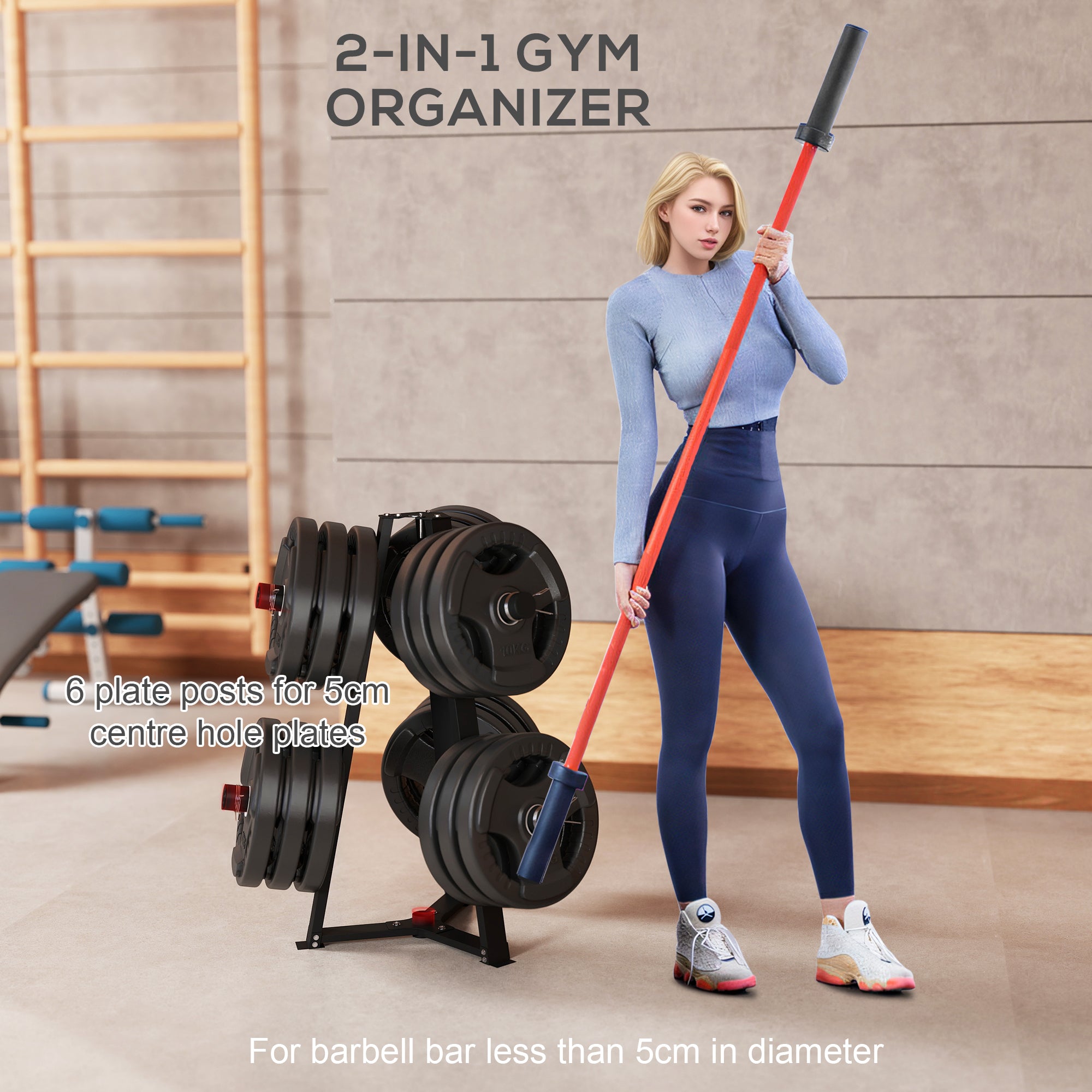 SPORTNOW Weight Tree Weight Rack for 5cm Weight Plates and Barbell Bar with 6 Fasten Clamps, 300kg Capacity