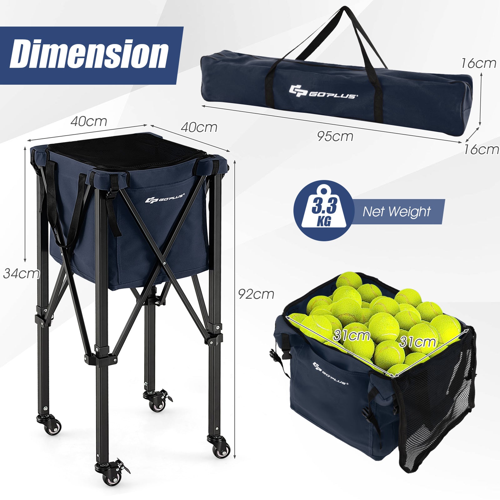 Foldable Aluminum Tennis Ball Cart Hopper Basket with Wheels-Blue
