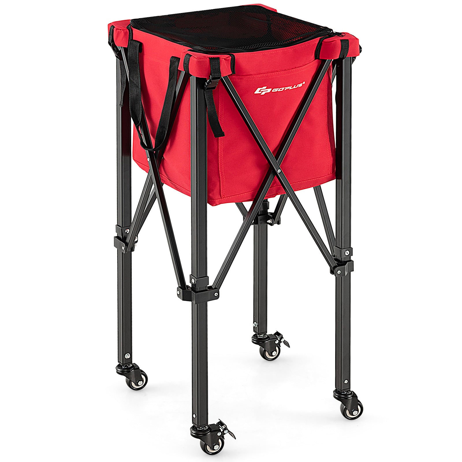 Foldable Aluminum Tennis Ball Cart Hopper Basket with Wheels-Red