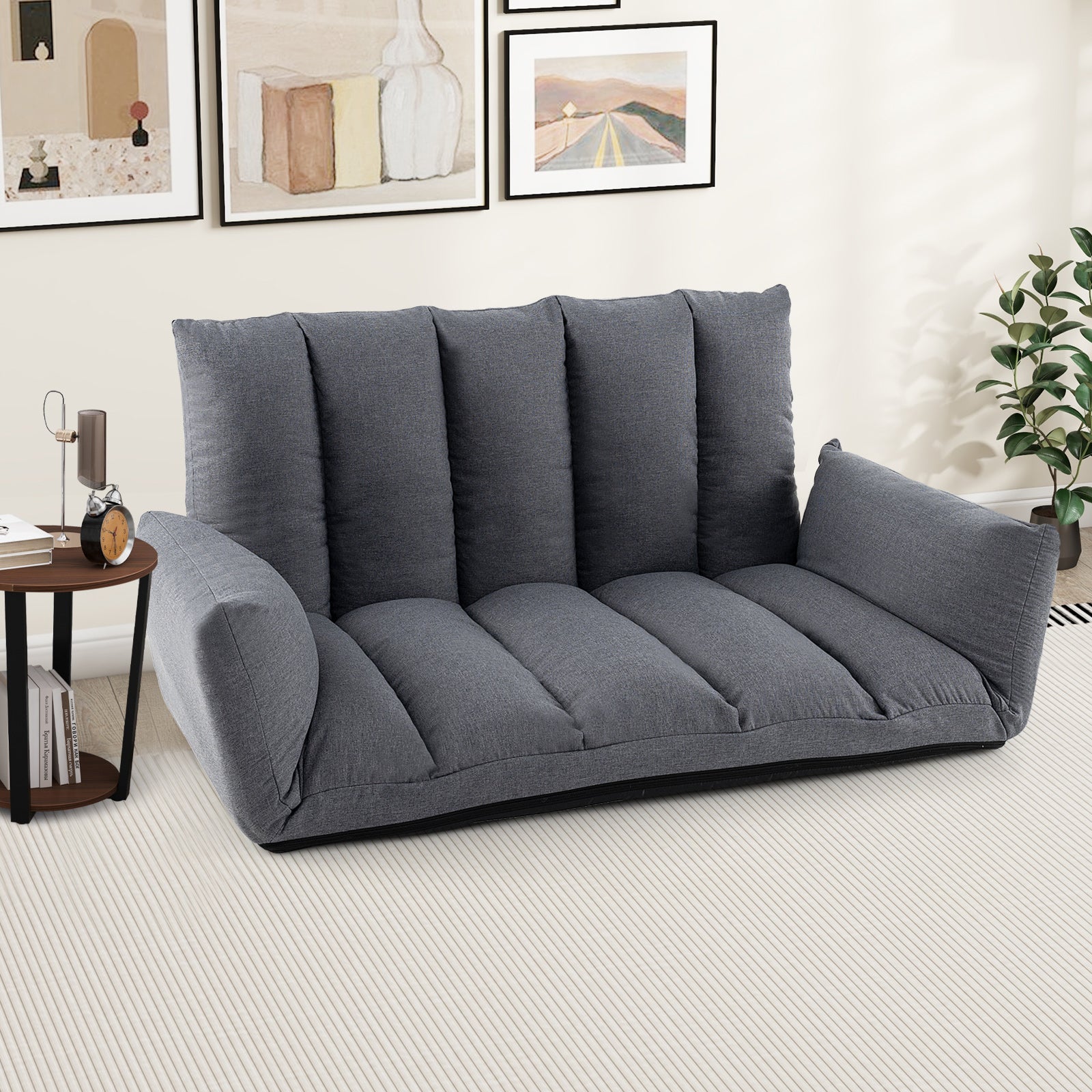Foldable Floor Sofa with 5-Position Adjustable Backrest and Arms-Grey