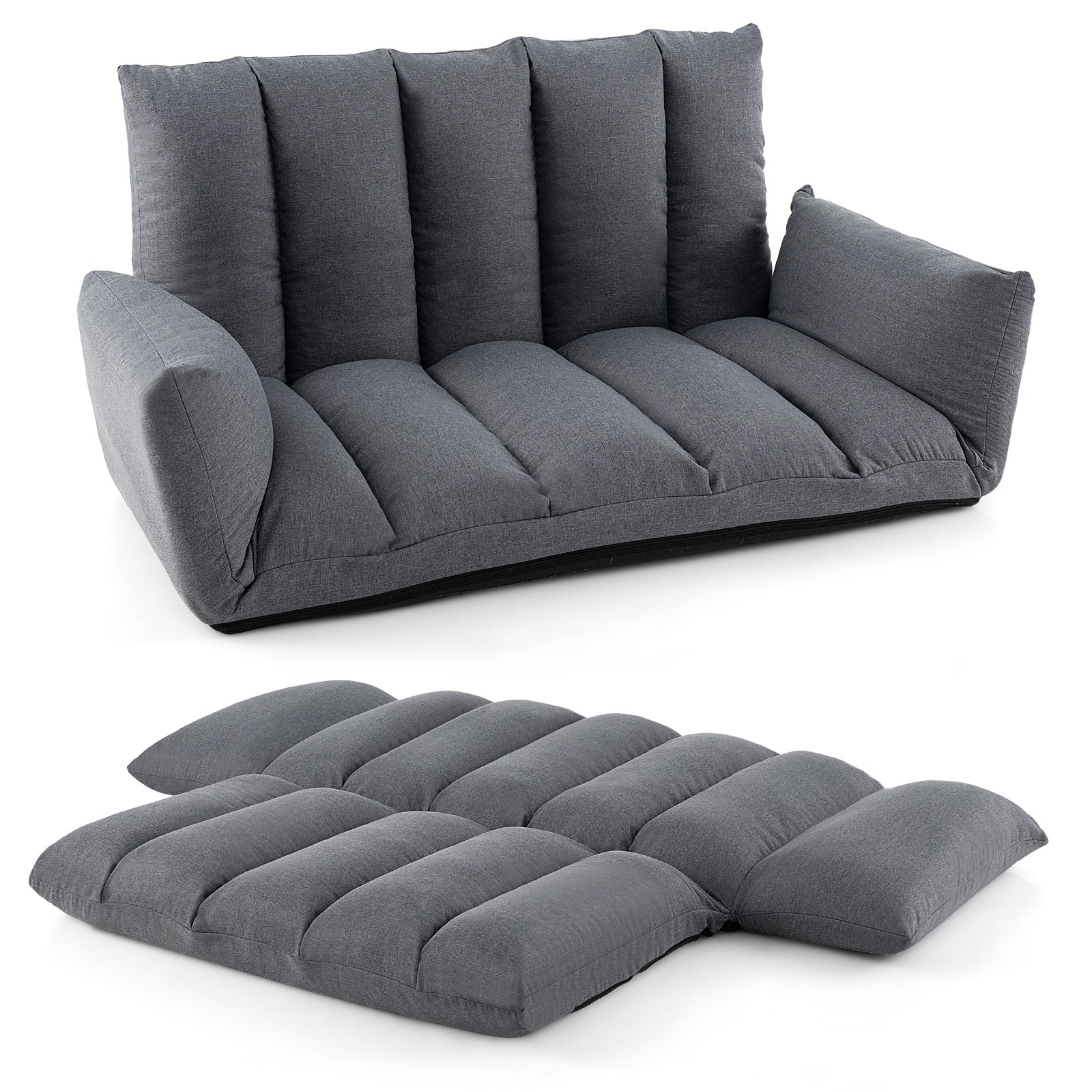 Foldable Floor Sofa with 5-Position Adjustable Backrest and Arms-Grey