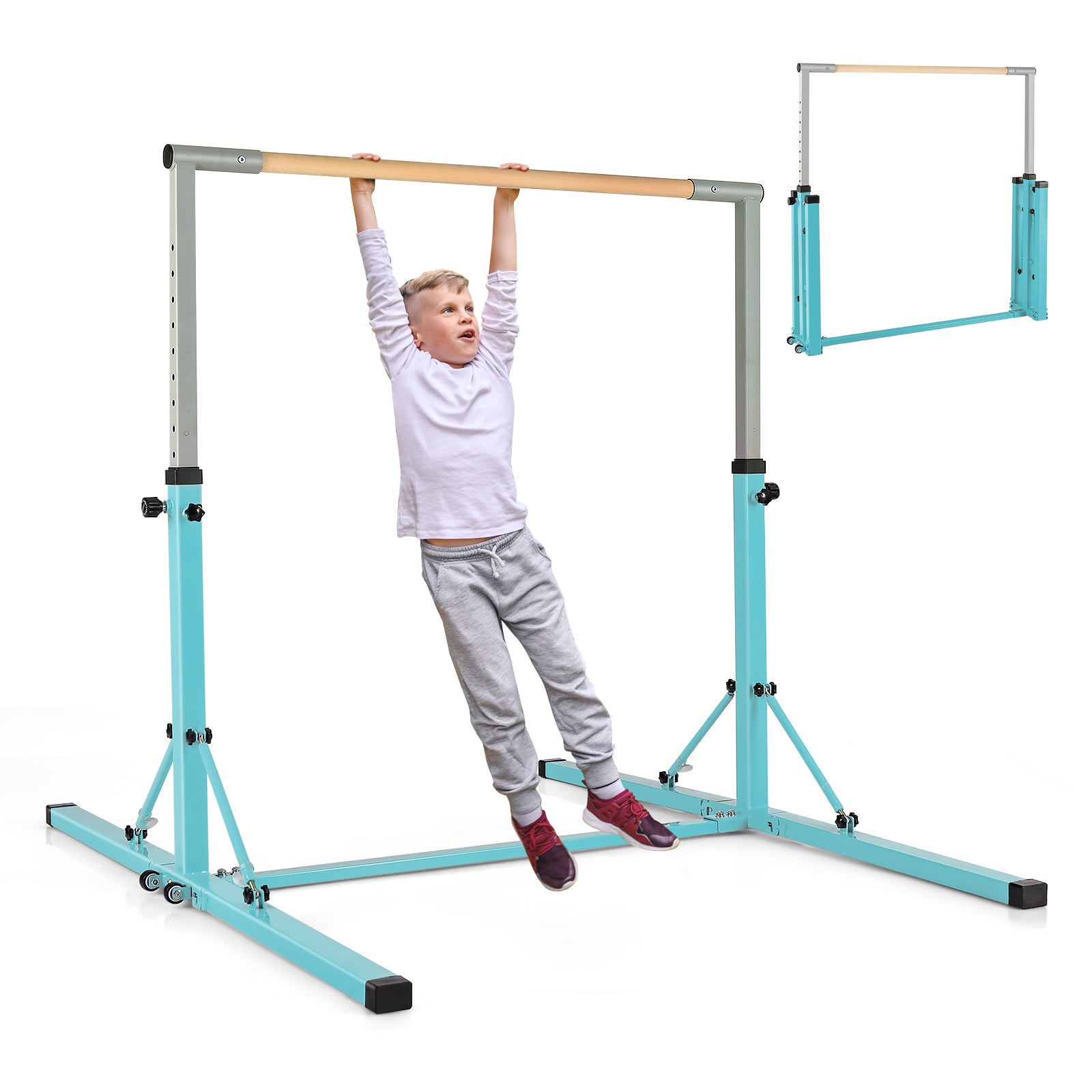 Kids Foldable Gymnastics Bar with 13 Adjustable Height-Green