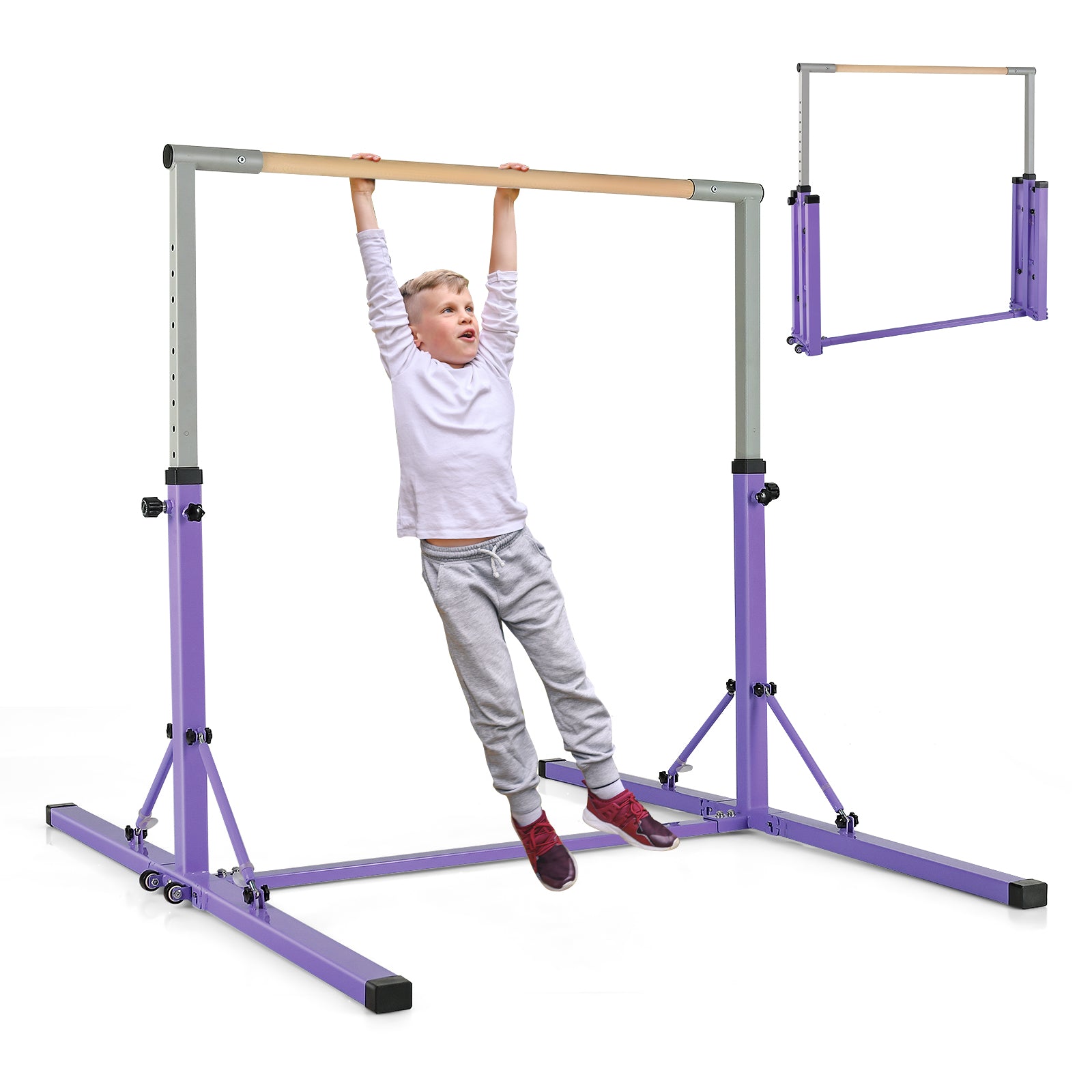 Kids Foldable Gymnastics Bar with 13 Adjustable Height-Purple