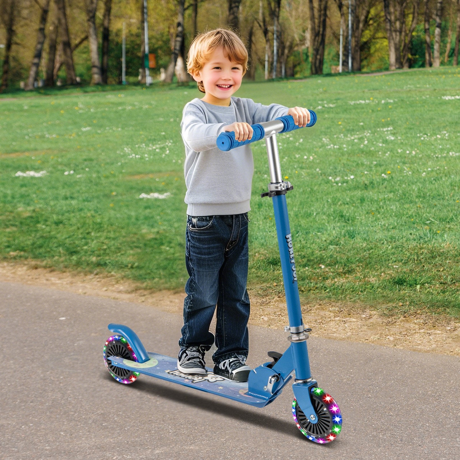 Foldable Kids Scooter Adjustable with Lighted Wheels and Kickstand-Blue