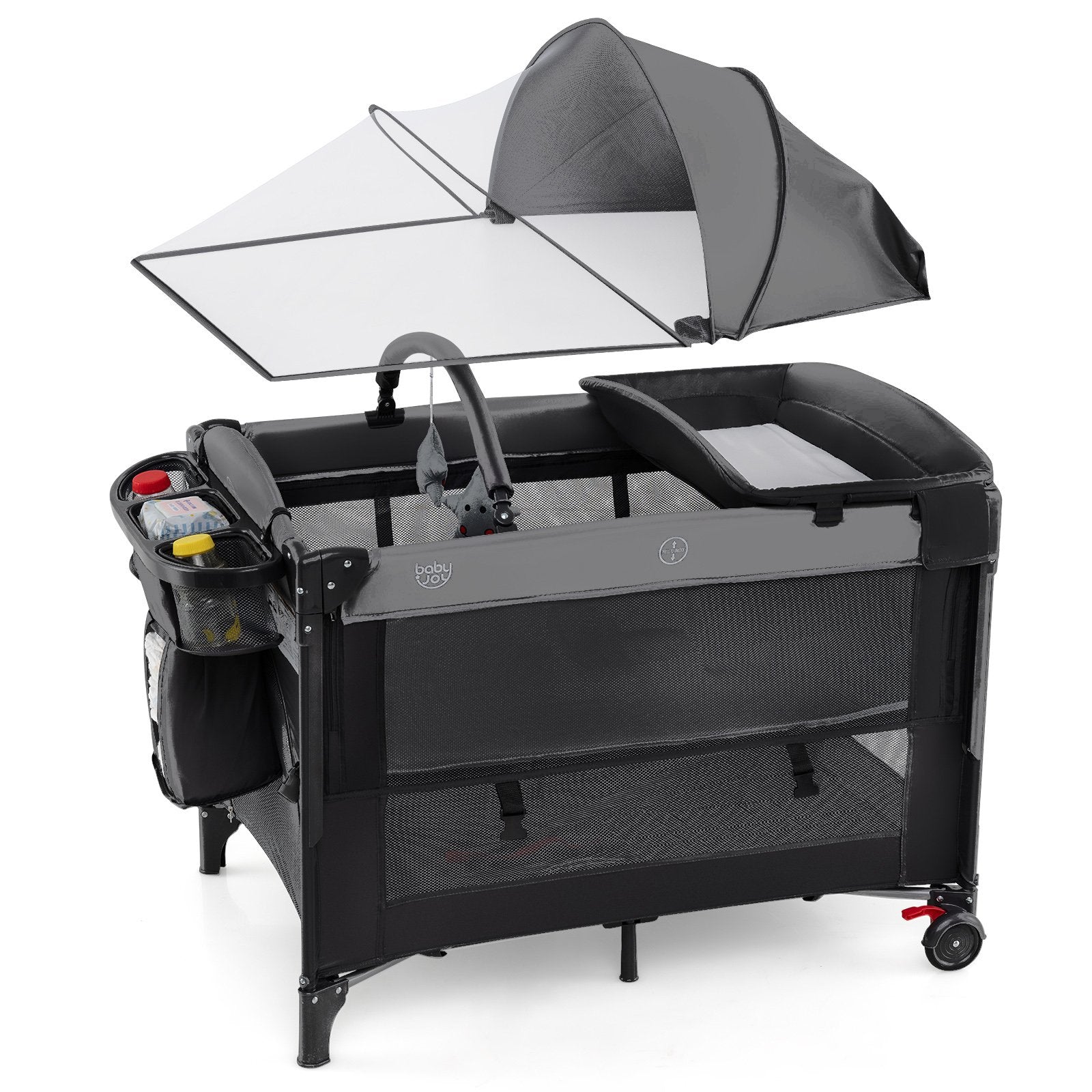 Foldable Pack and Play with 5 Adjustable Heights and Changing Table-Dark Black