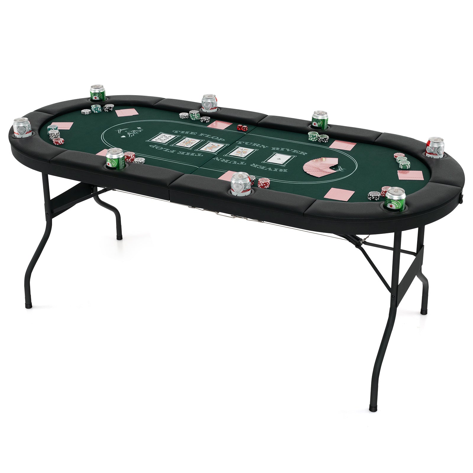 Foldable Poker Table for 8 Players Portable Oval Card Board with Cup Holders-Green