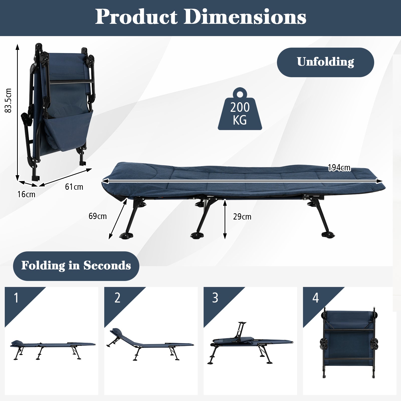 Folding Camping Cot with Detachable Mattress and 6-Position Adjustable Backrest-Navy
