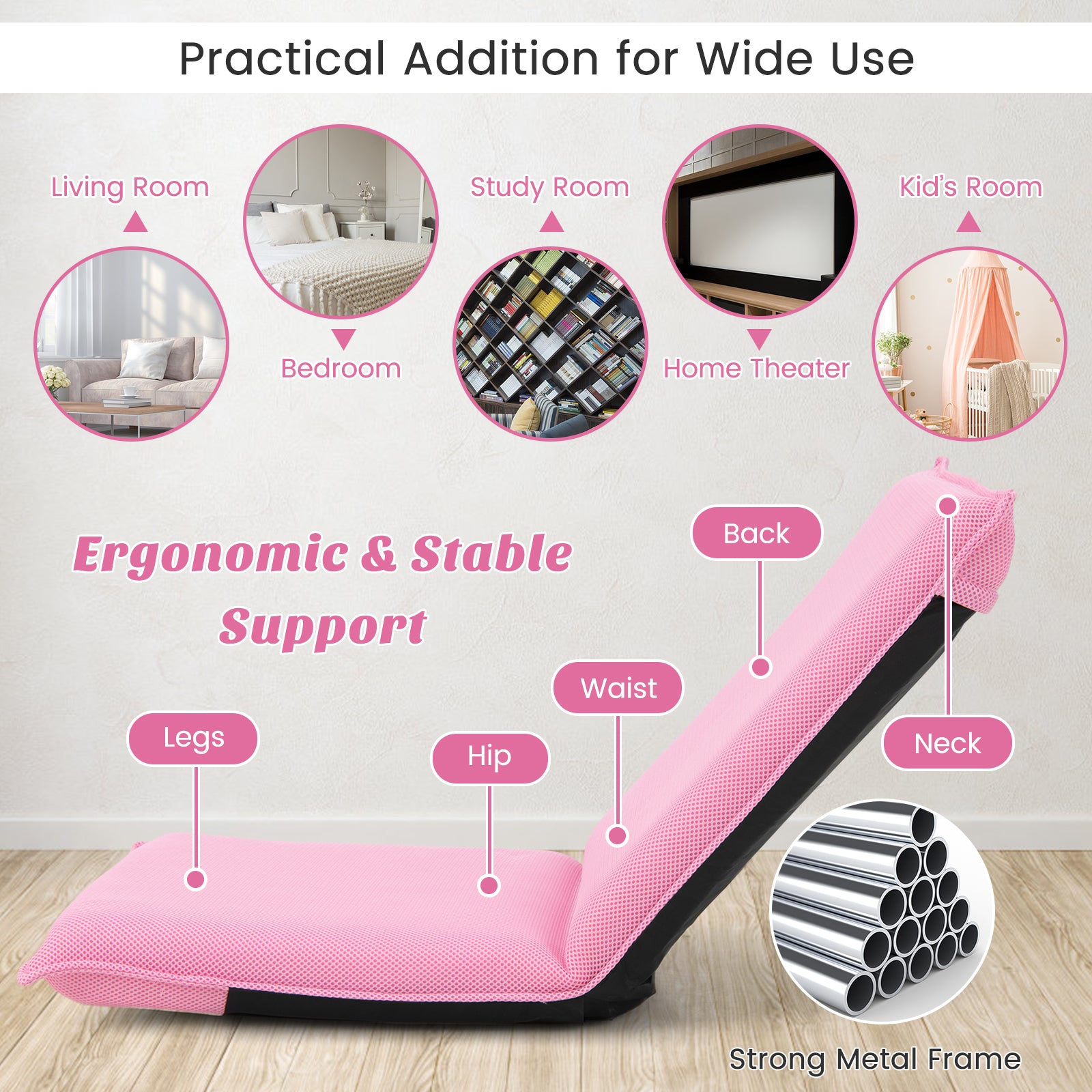 Folding Floor Chair with Reclining Function and 6 Adjustable Positions-Pink