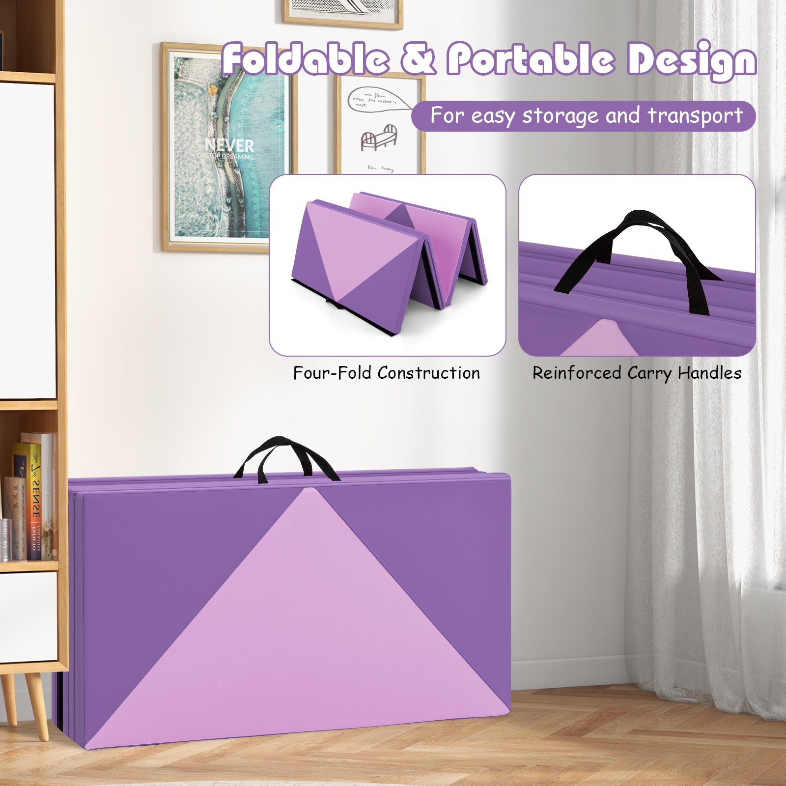 240cm PU Leather Folding Gymnastics Mat-Pink &amp;amp;amp; Purple