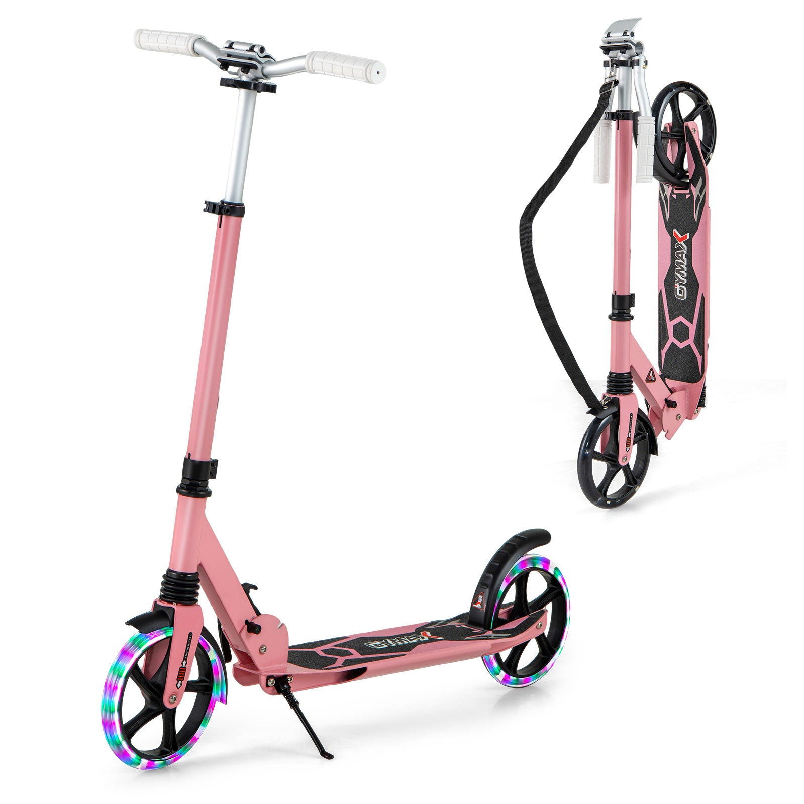 Folding Kick Scooter with Large Wheels for Age 8+ Kids Teens Adults-Pink