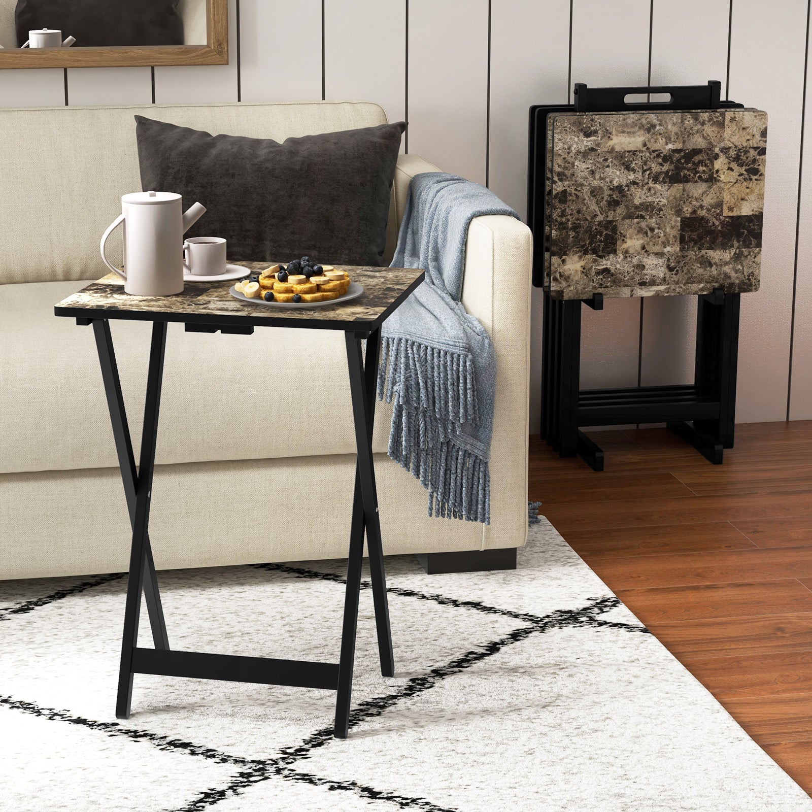 4 Pieces Folding TV Dinner Rectangular Snack Table with Storage Rack-Black