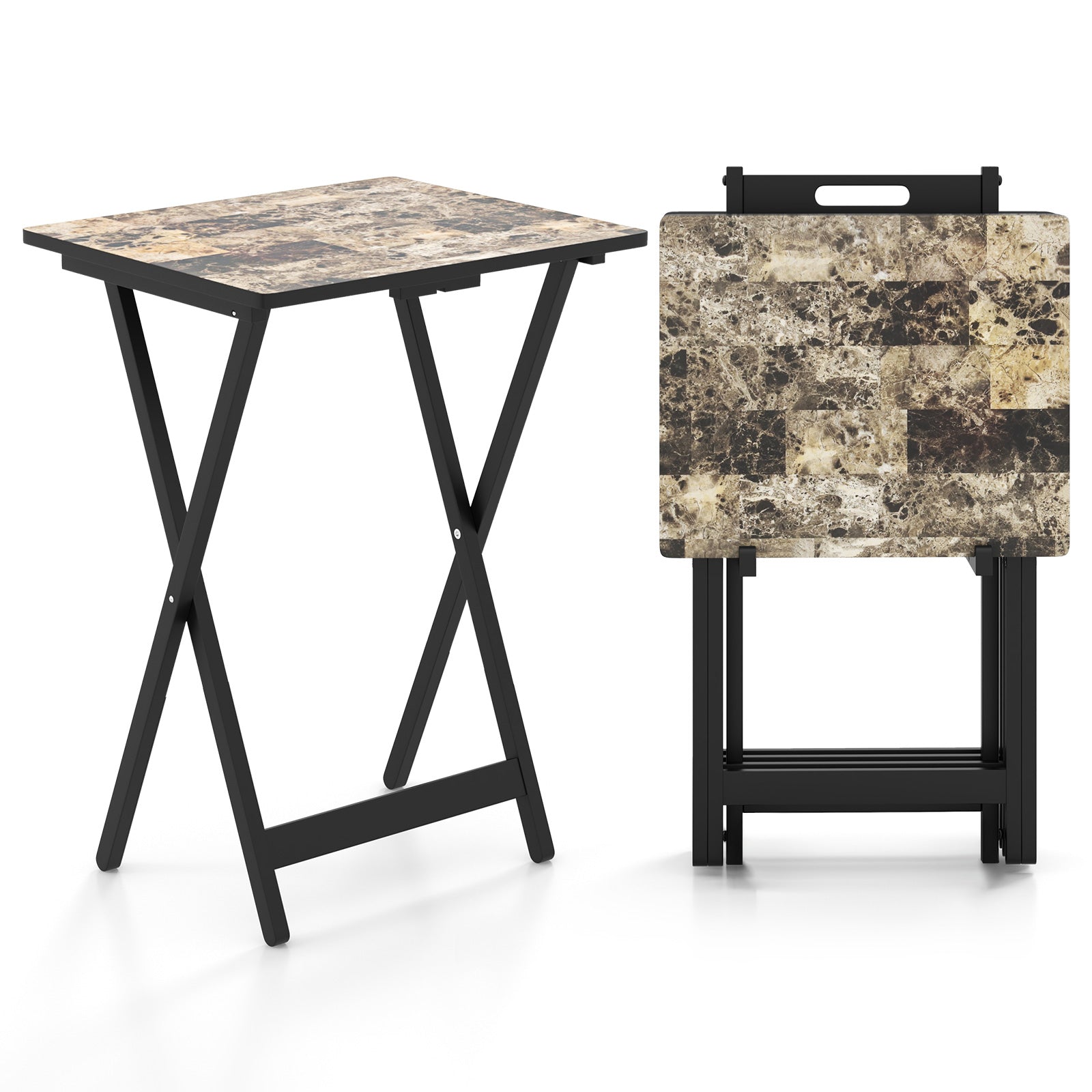 4 Pieces Folding TV Dinner Rectangular Snack Table with Storage Rack-Black