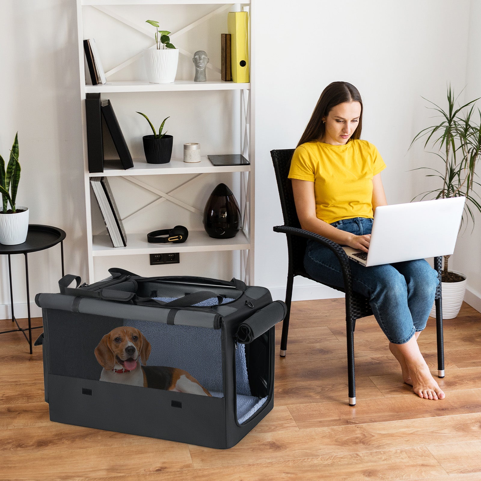 Foldable Dog Crate with Openings and Window Mesh Inner Basket-M