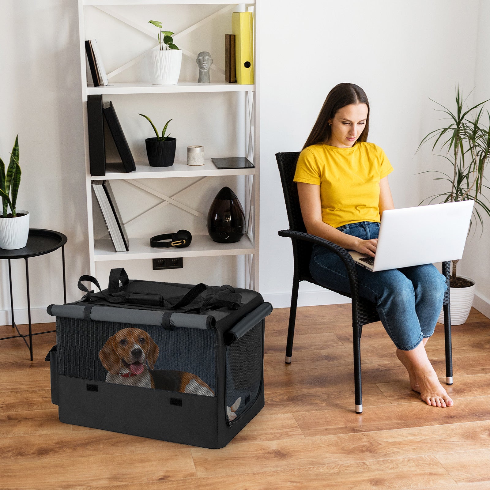 Foldable Dog Crate with Openings and Window Mesh Inner Basket-S