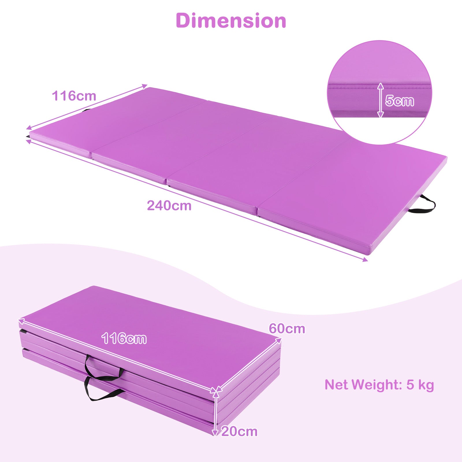 240 x 116 x 5 cm Folding Soft Floor Mat with Carry Handles and Hook &amp; Loop Fasteners-Purple