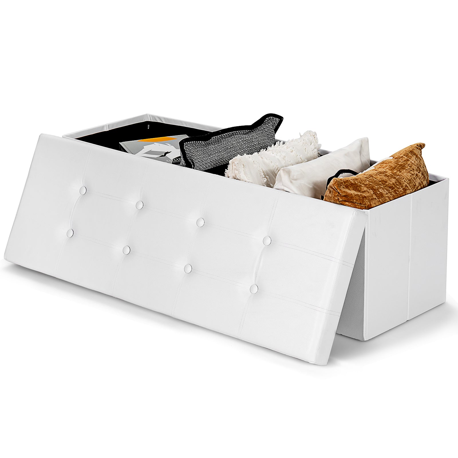 Folding Storage Ottoman Bench with Lid for Living Room-White