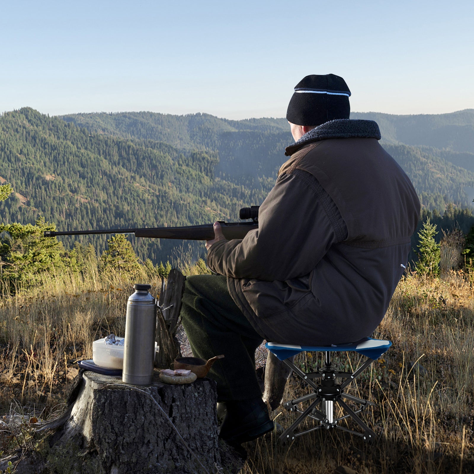 Folding Swivel Camping Hunting Stools with Anti-Sink Feet and Carry Bag-Blue