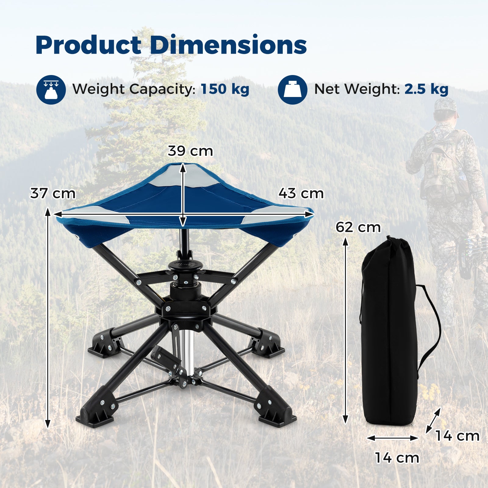 Folding Swivel Camping Hunting Stools with Anti-Sink Feet and Carry Bag-Blue