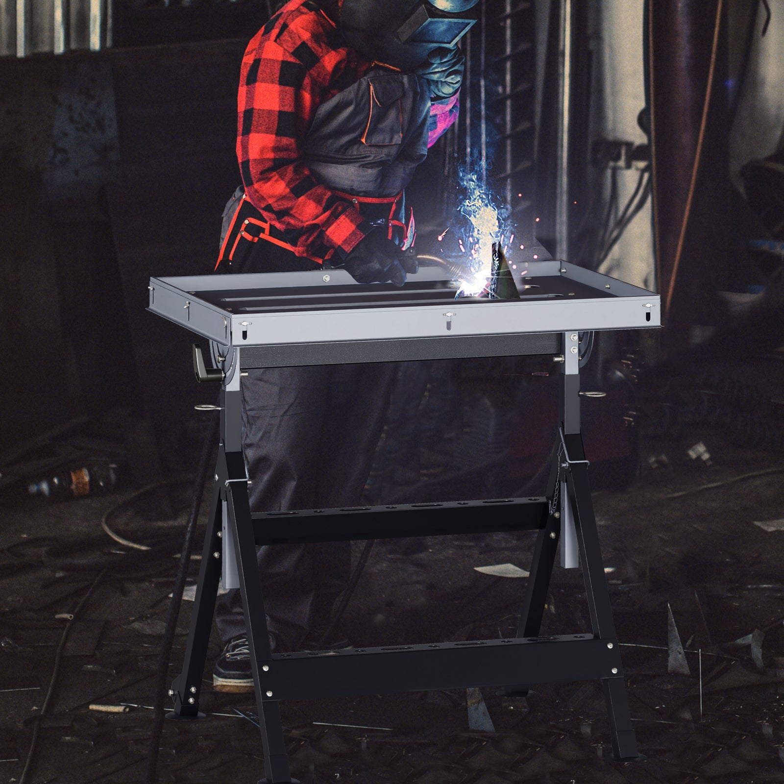 Folding Welding Table with 76 x 51 cm Tabletop and 2 Fixed Wheels-Black