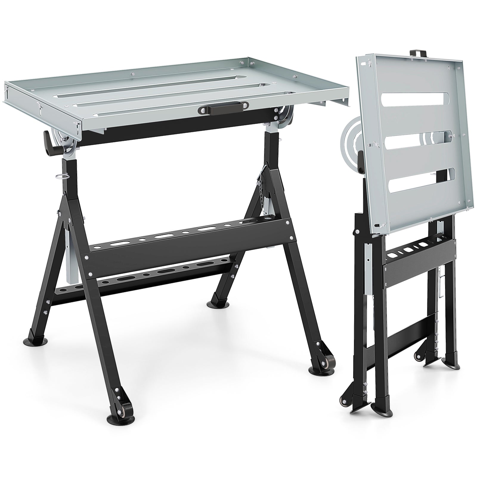 Folding Welding Table with 76 x 51 cm Tabletop and 2 Fixed Wheels-Black