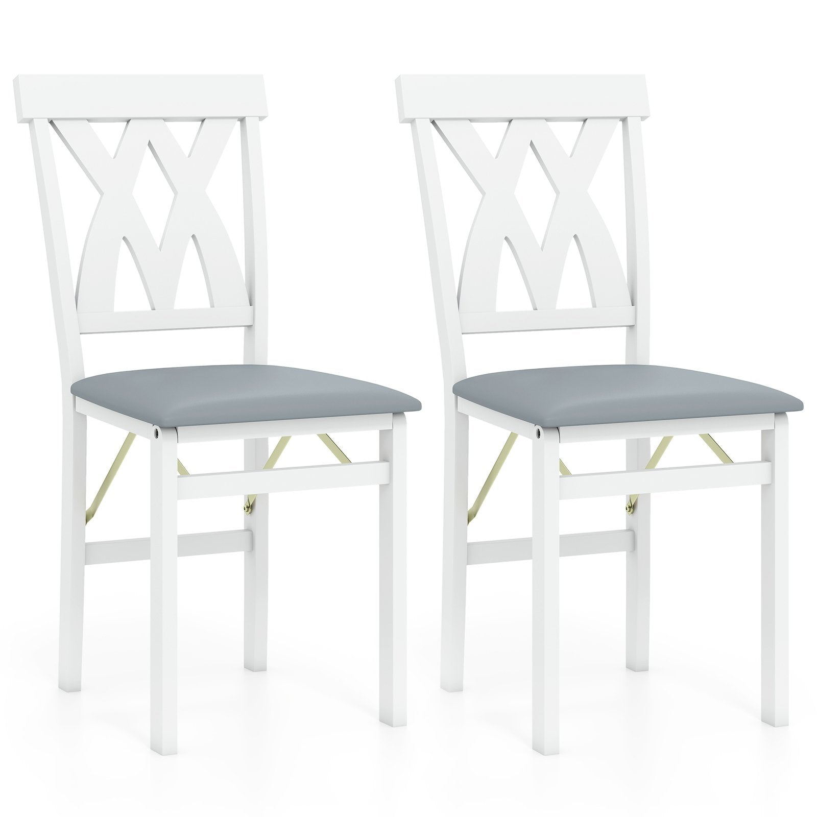 Folding Wooden Dining Chair Set of 2 Faux Leather Upholstered Chairs-White