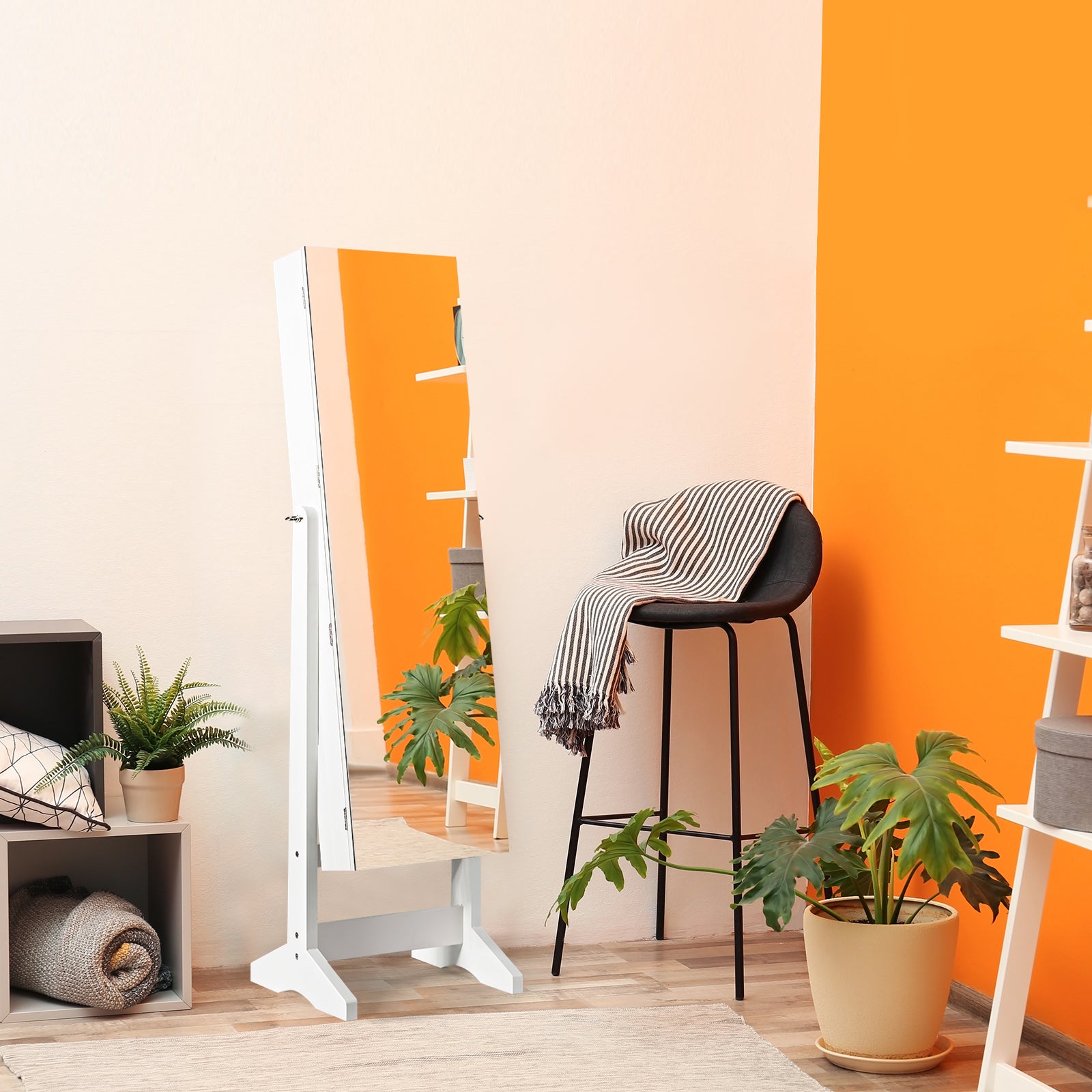 Free Standing Jewelry Cabinet with Full-Length Mirror-White