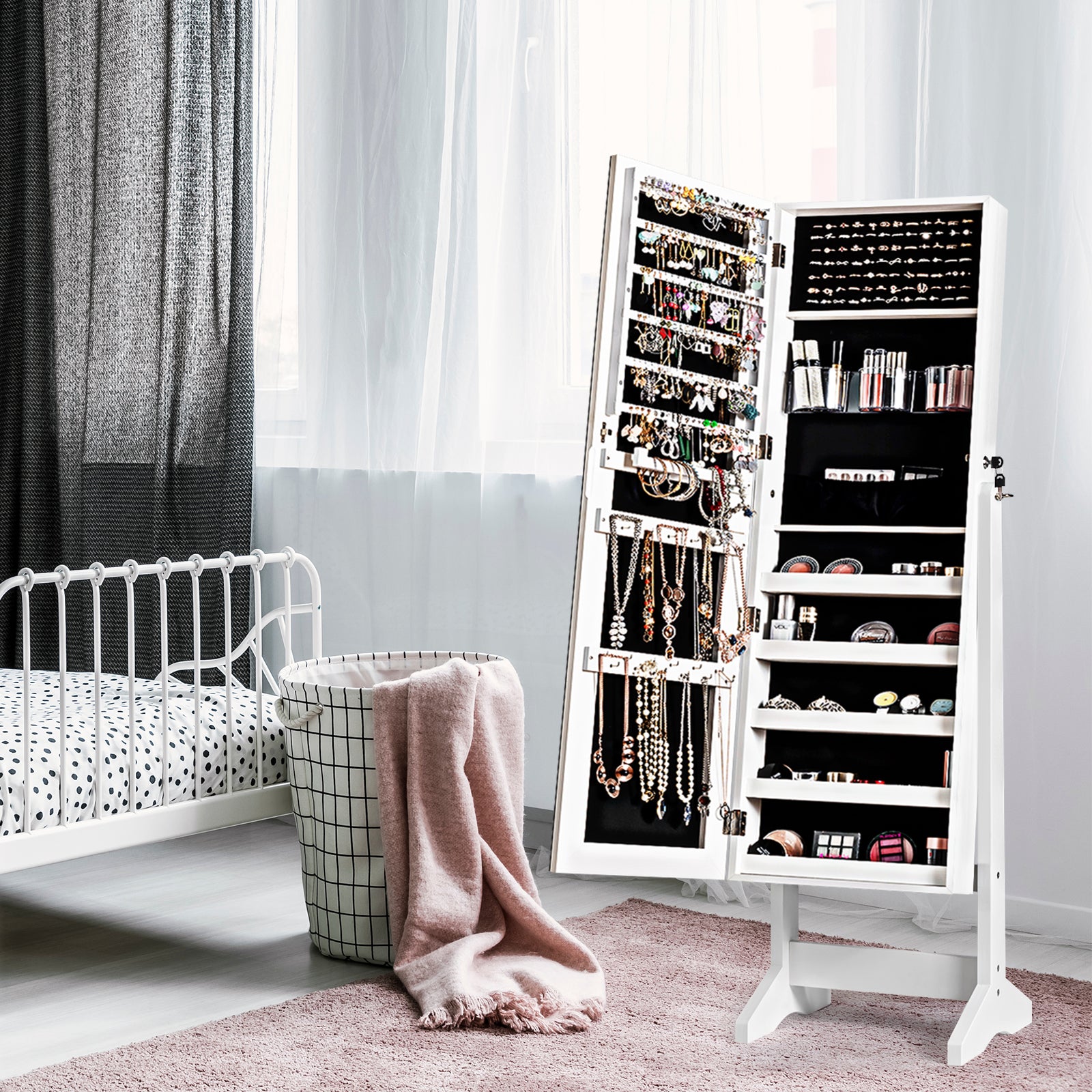 Free Standing Jewelry Cabinet with Full-Length Mirror-White