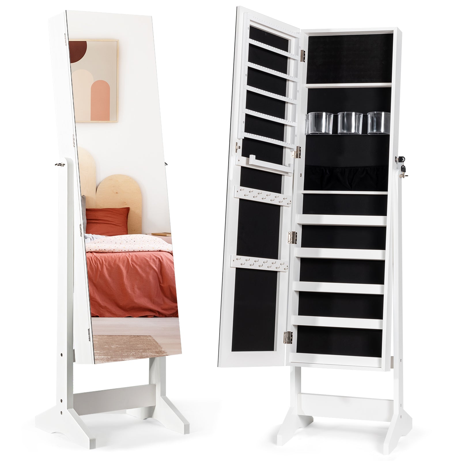 Free Standing Jewelry Cabinet with Full-Length Mirror-White
