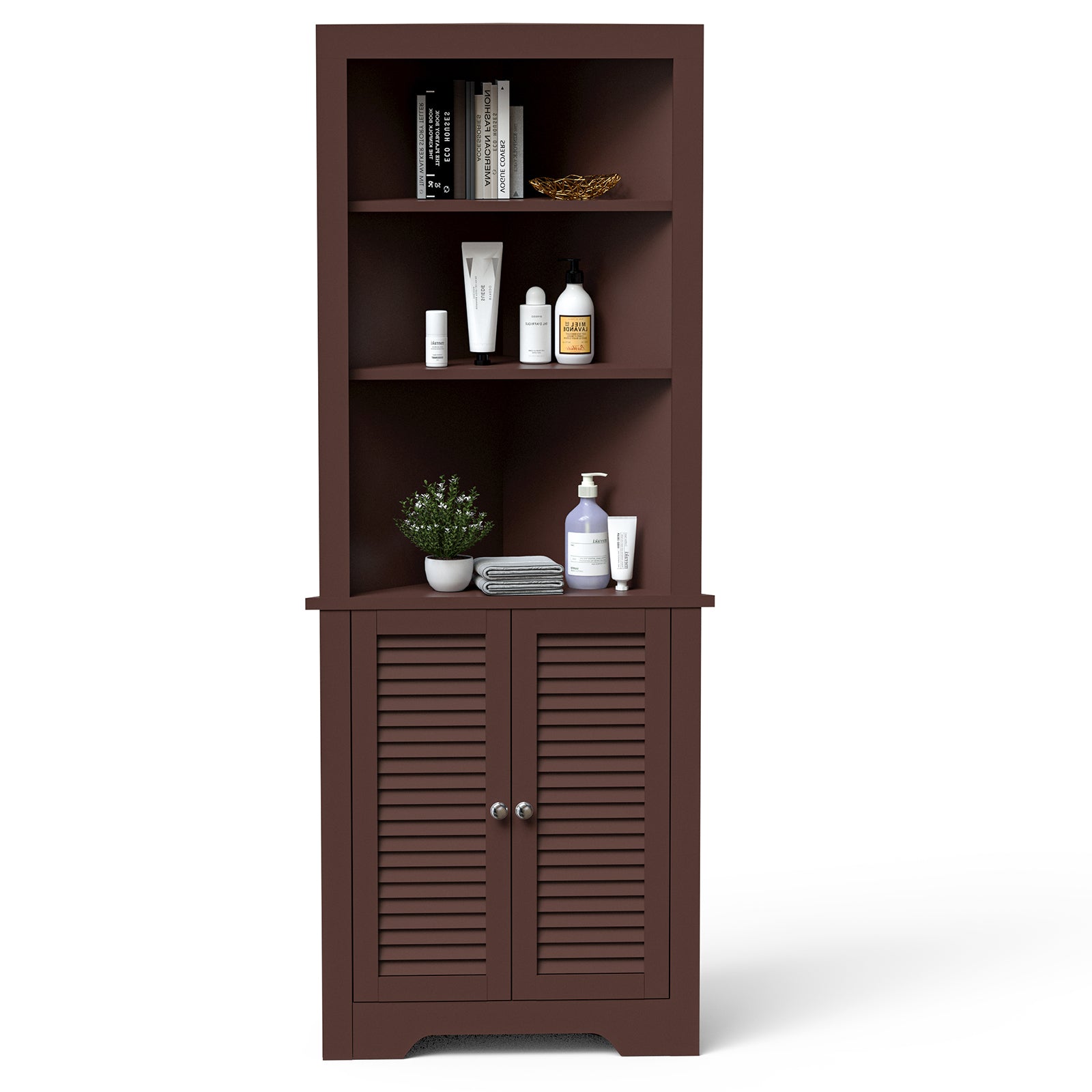 Freestanding Bathroom Corner Cabinet with Shutter Doors-Coffee