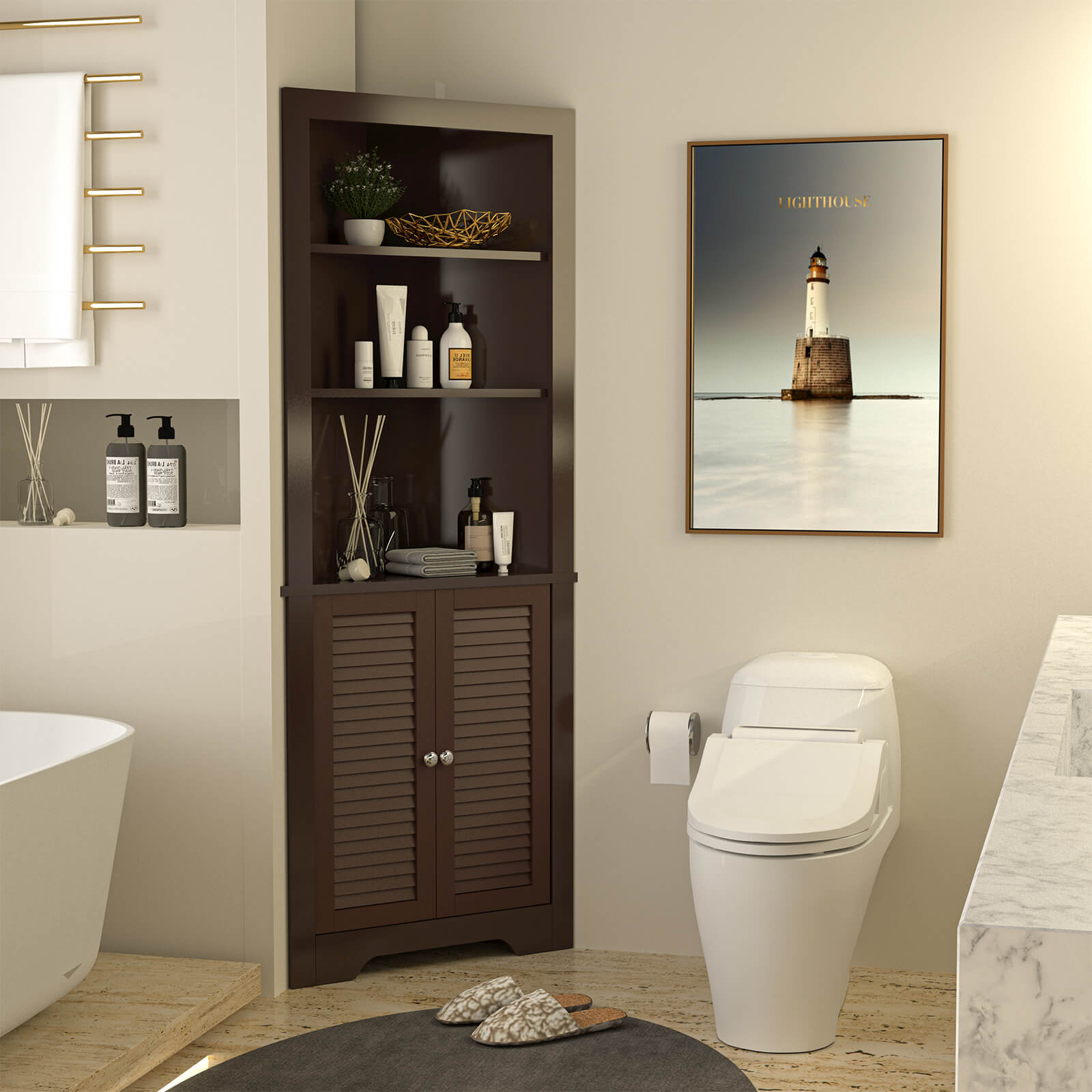 Freestanding Bathroom Corner Cabinet with Shutter Doors-Coffee
