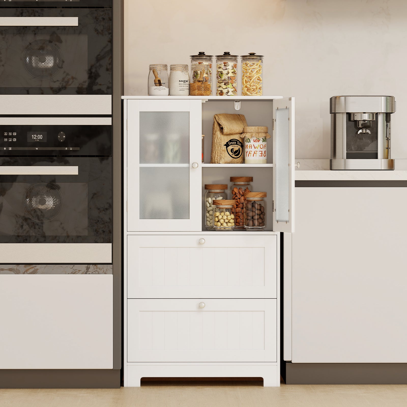 Freestanding Bathroom Storage Cabinet with 2 Frosted Tempered Glass Doors-White