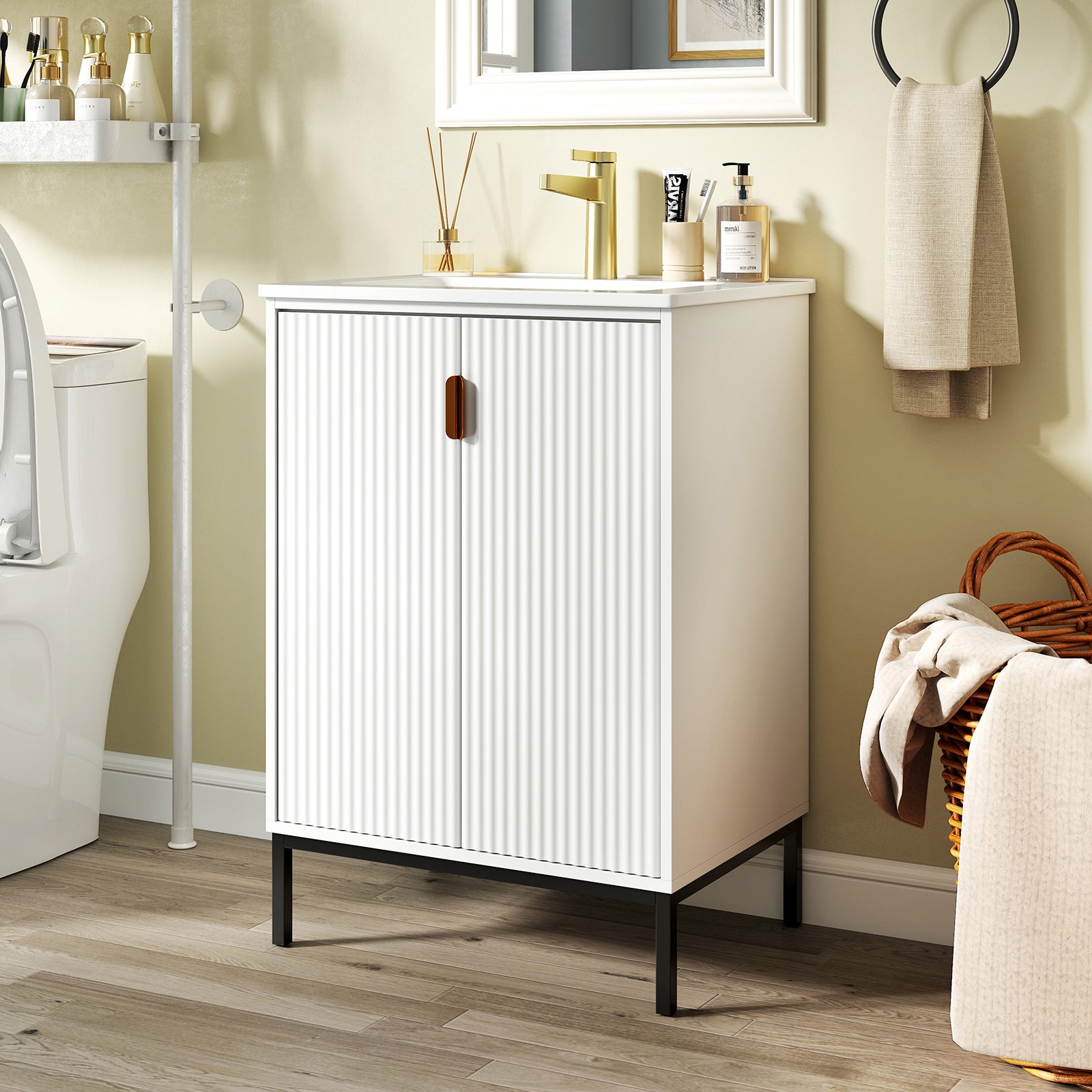 Freestanding Bathroom Vanity Cabinet with Sink and Adjustable Shelf-White