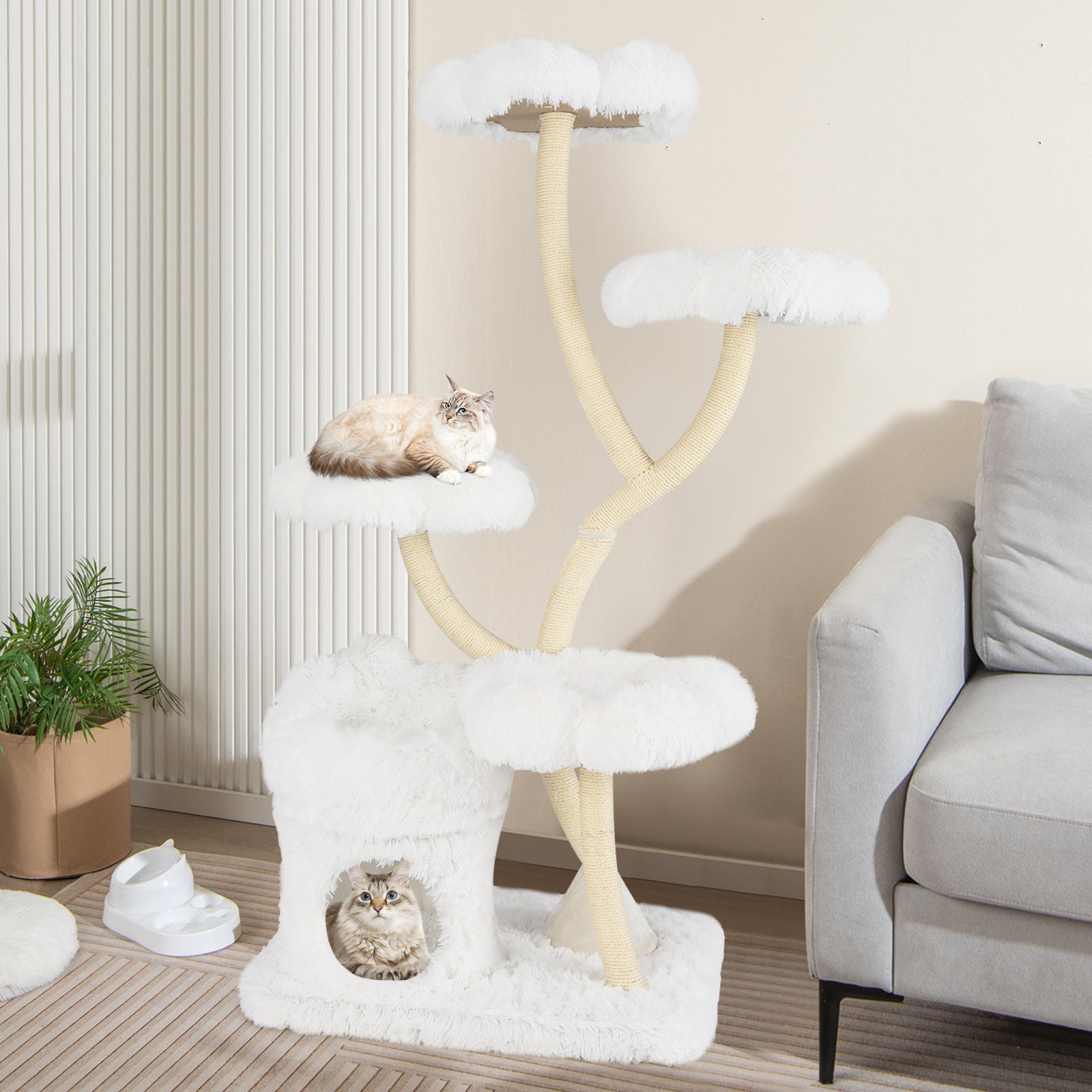 Tall Cat Tree with 4 Flower-shaped Platforms and Sisal Scratching Posts-White
