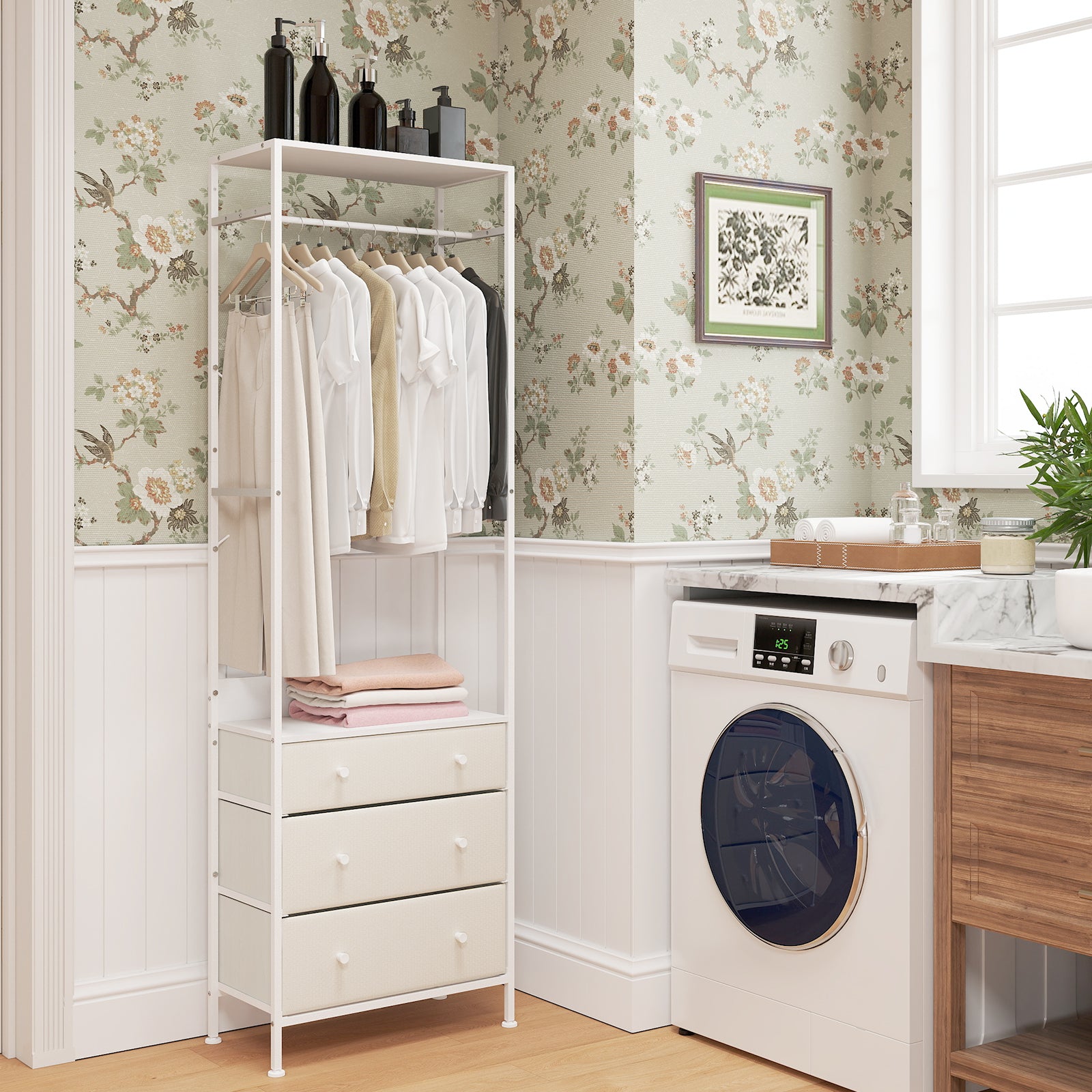 Freestanding Closet Organizer Clothes Rack with Drawers-White