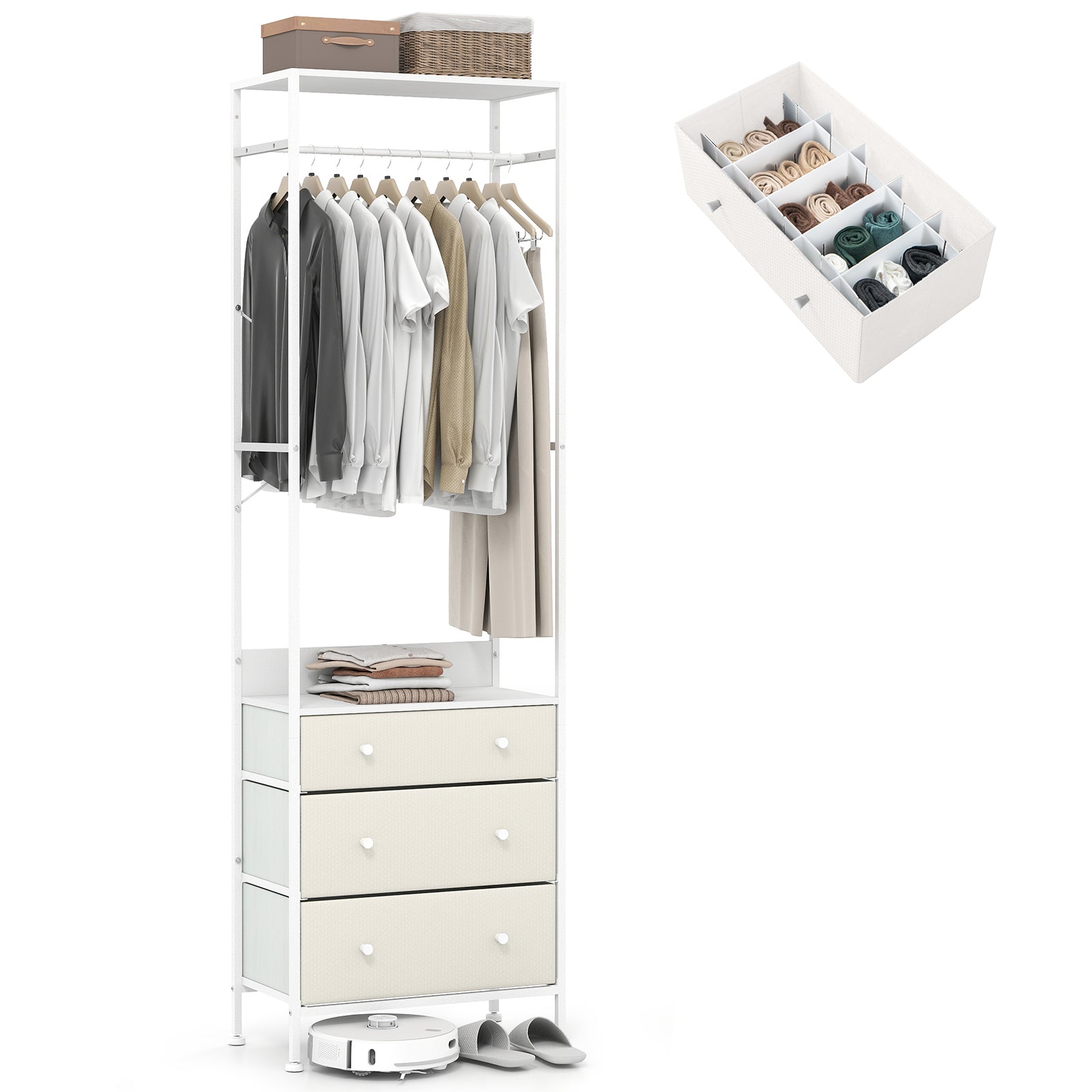 Freestanding Closet Organizer Clothes Rack with Drawers-White