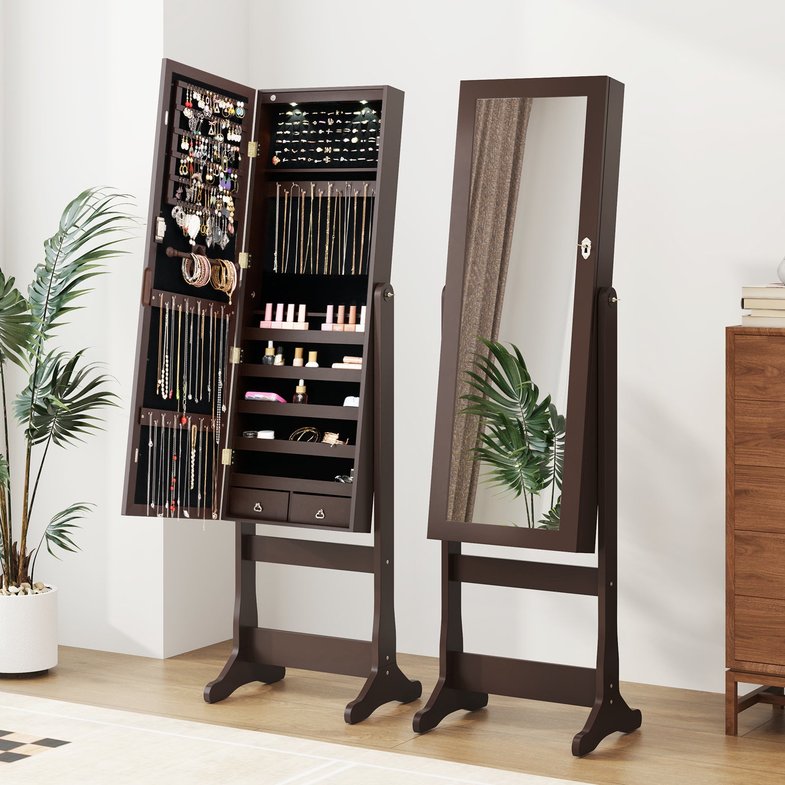 Freestanding Jewelry Armoire Cabinet with Inner LED Lights and 4 Adjustable Tilt Angles-Brown