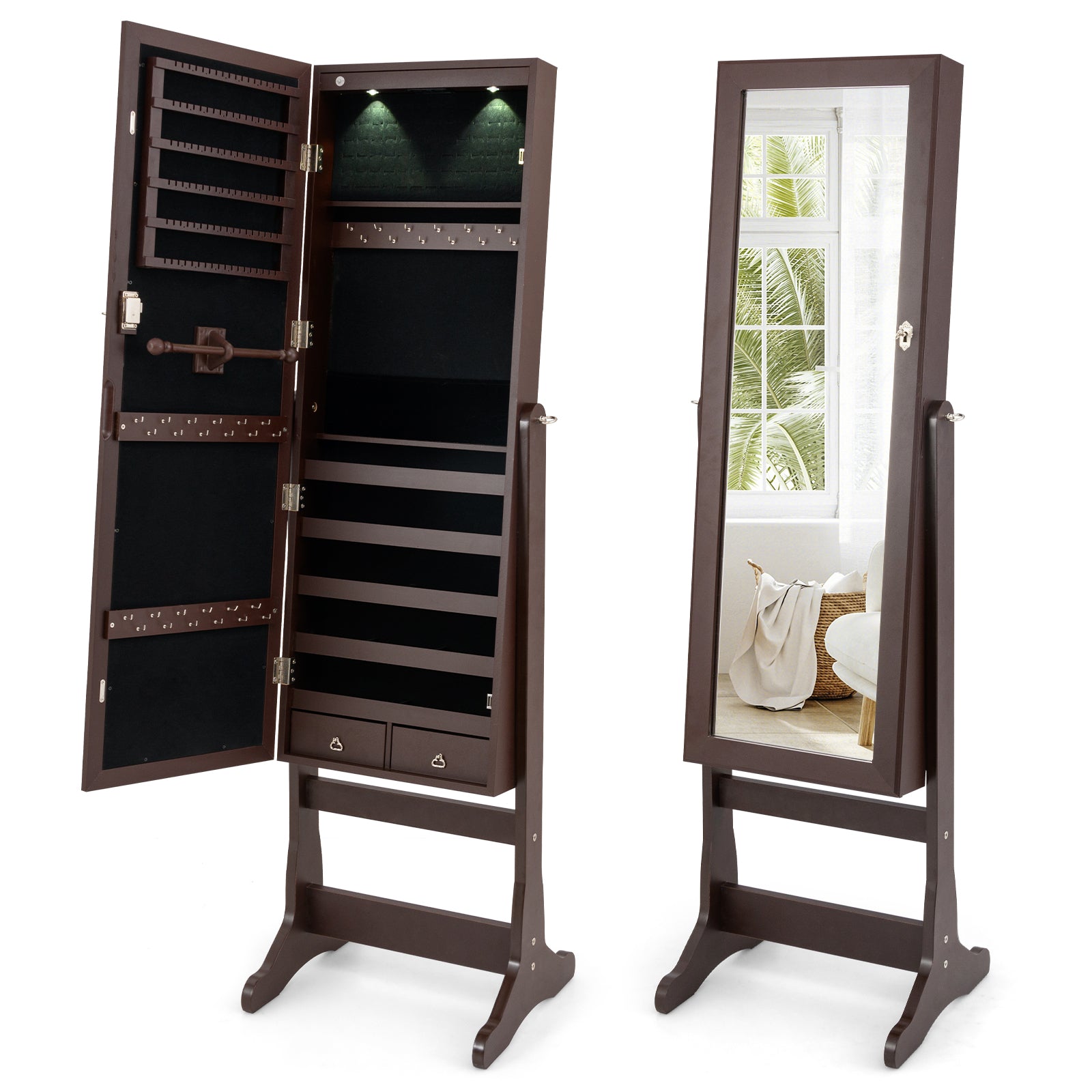 Freestanding Jewelry Armoire Cabinet with Inner LED Lights and 4 Adjustable Tilt Angles-Brown