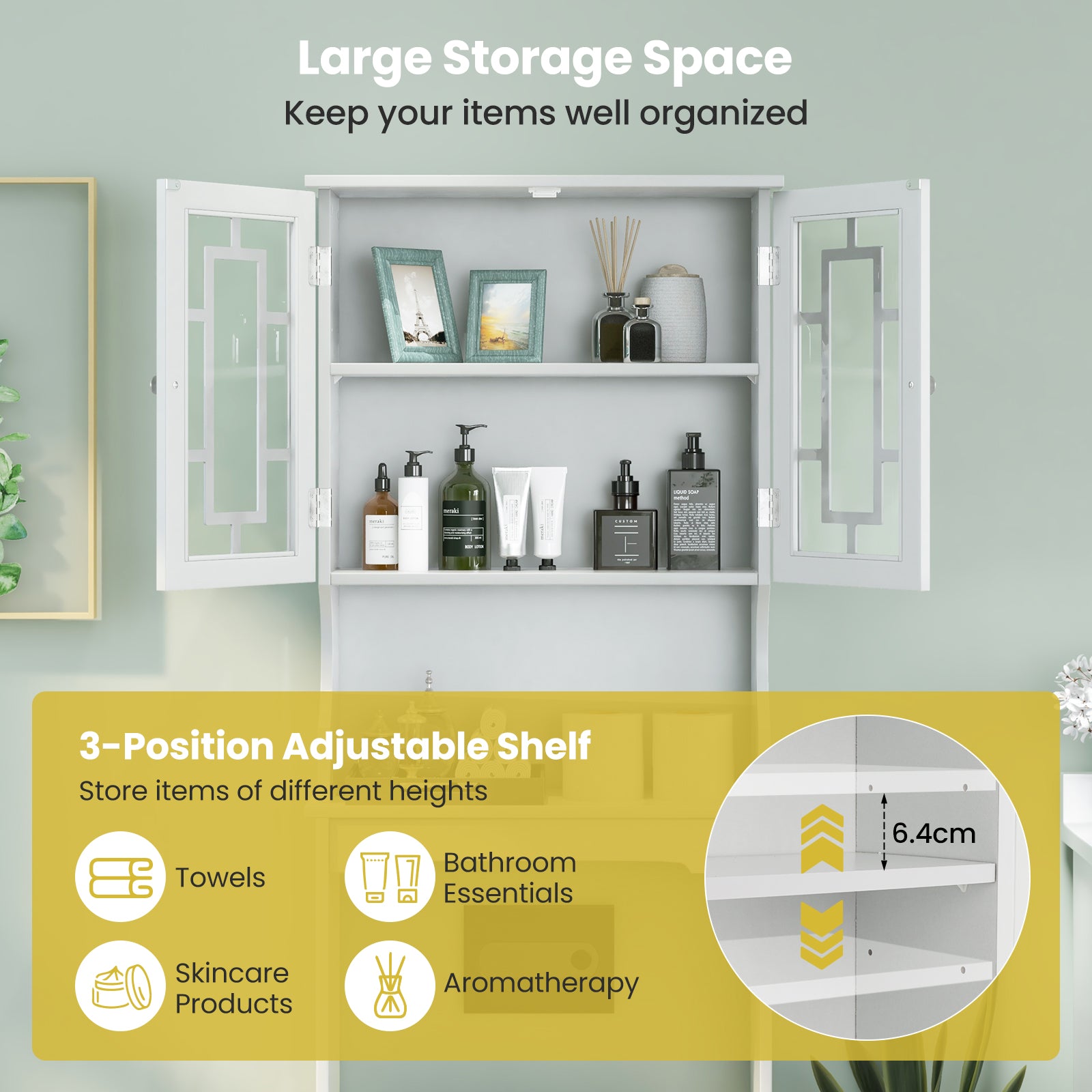 Over-the-Toilet Storage Cabinet with Inner Adjustable Shelf-White