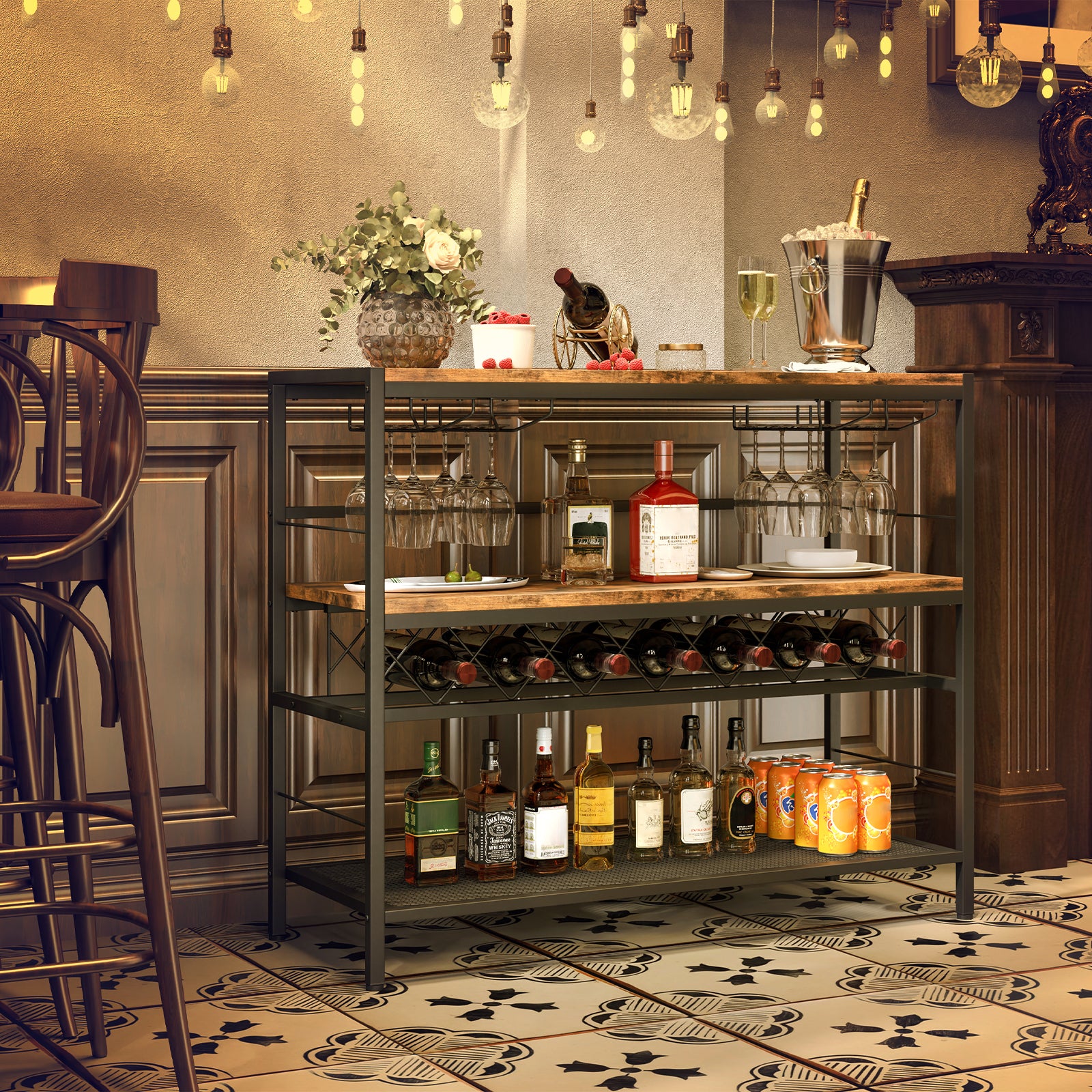 104 CM Wine Rack with 4 Glass Holders-Rustic Brown