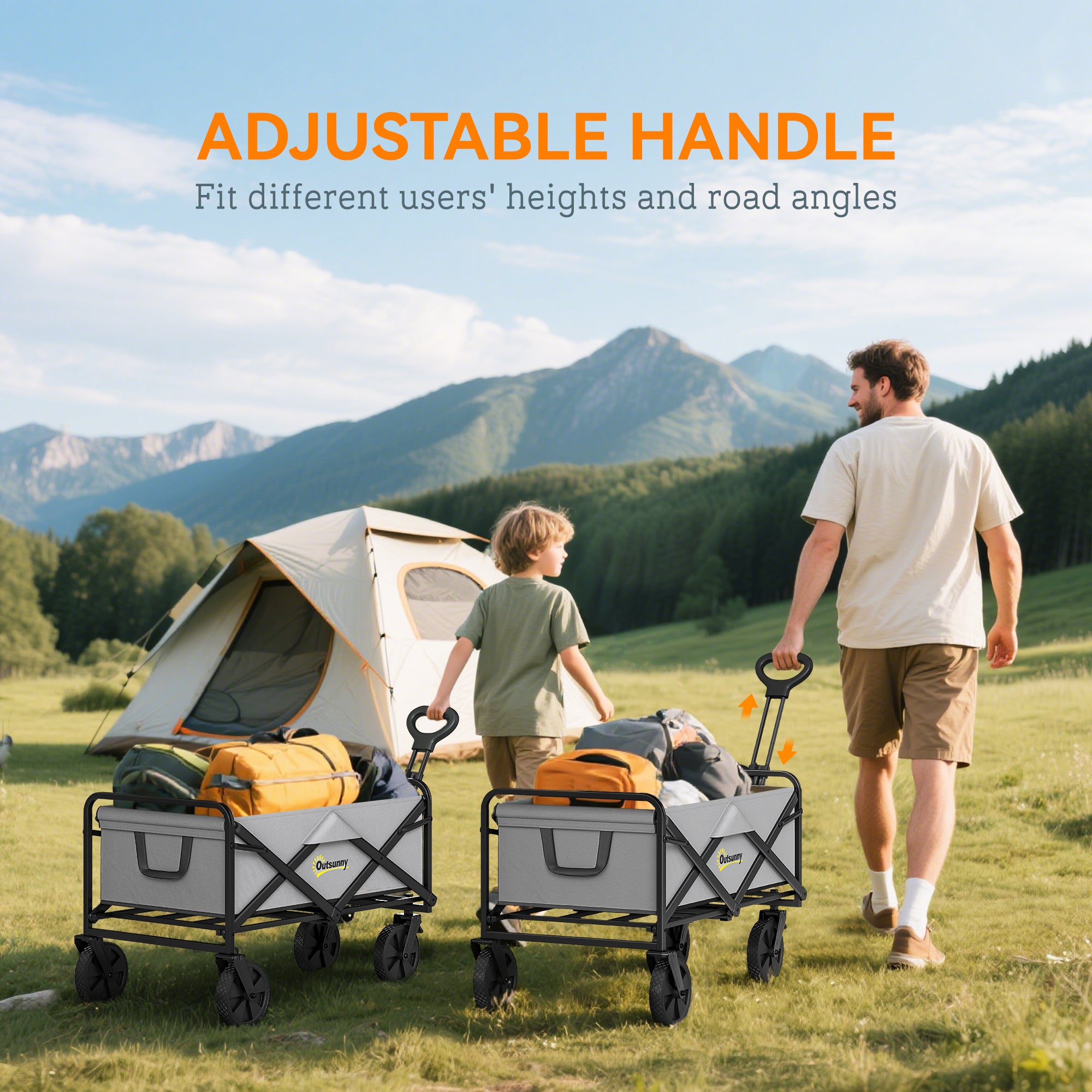 Outsunny Folding Pull Along Cart Cargo Wagon Trolley with Telescopic Handle - Dark Grey