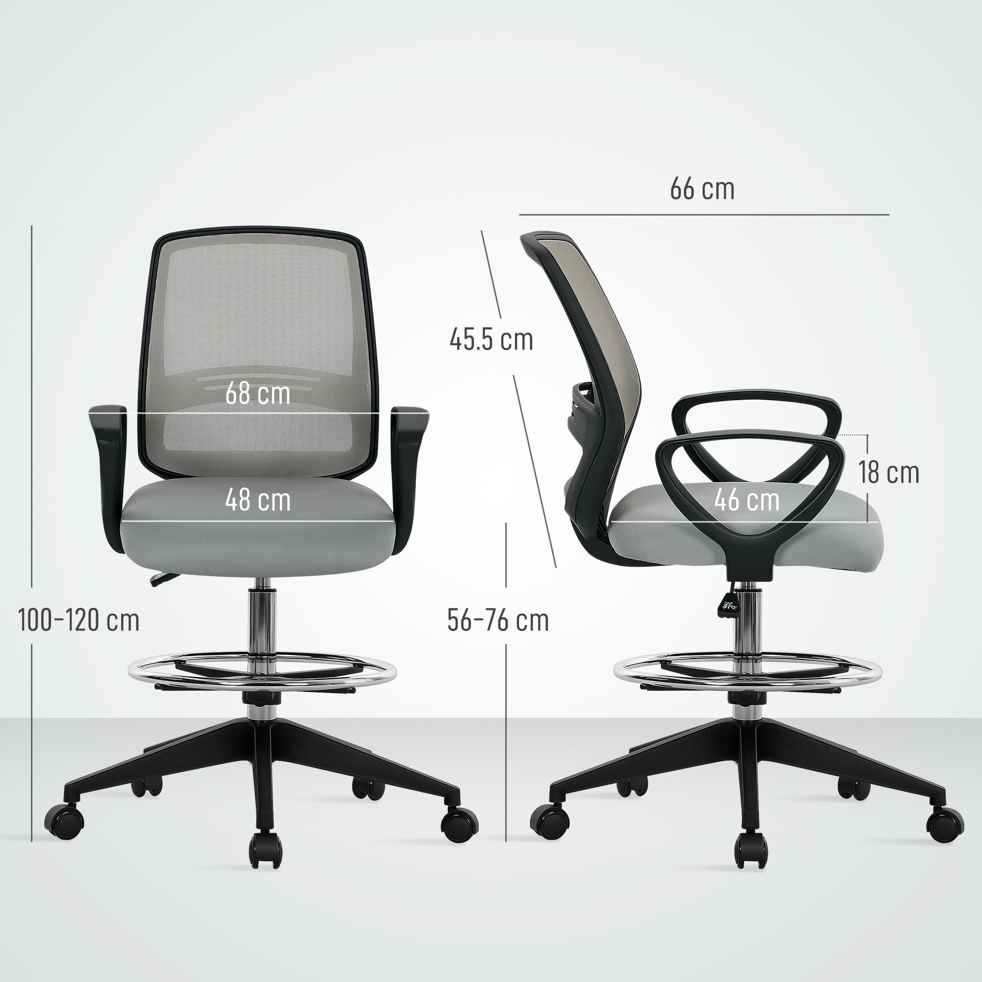 Vinsetto 100-120cm Draughtsman Office Chair, with Footrest - Light Grey