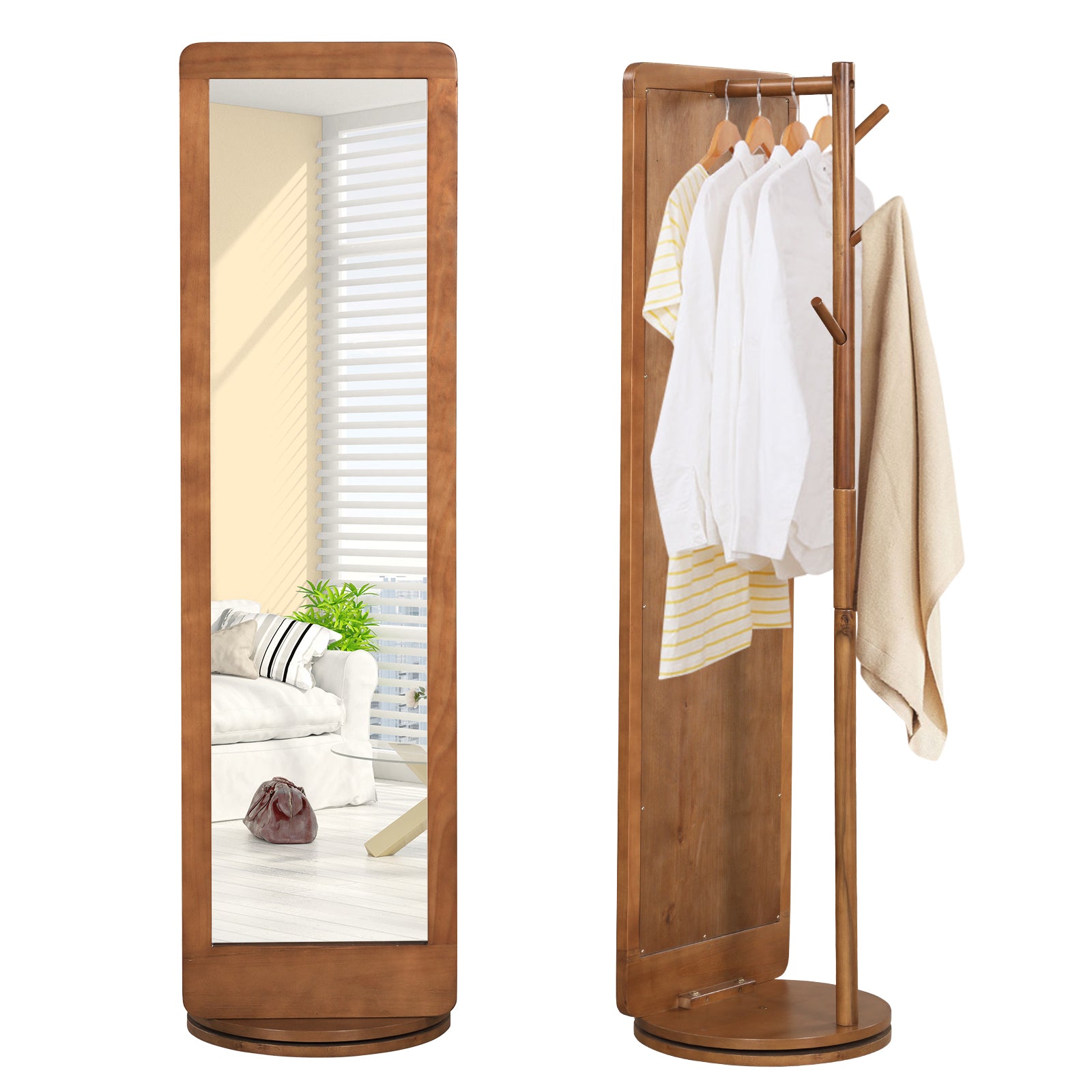 Full Length 2-in-1 Freestanding Dressing Mirror with Coat Rack-Brown