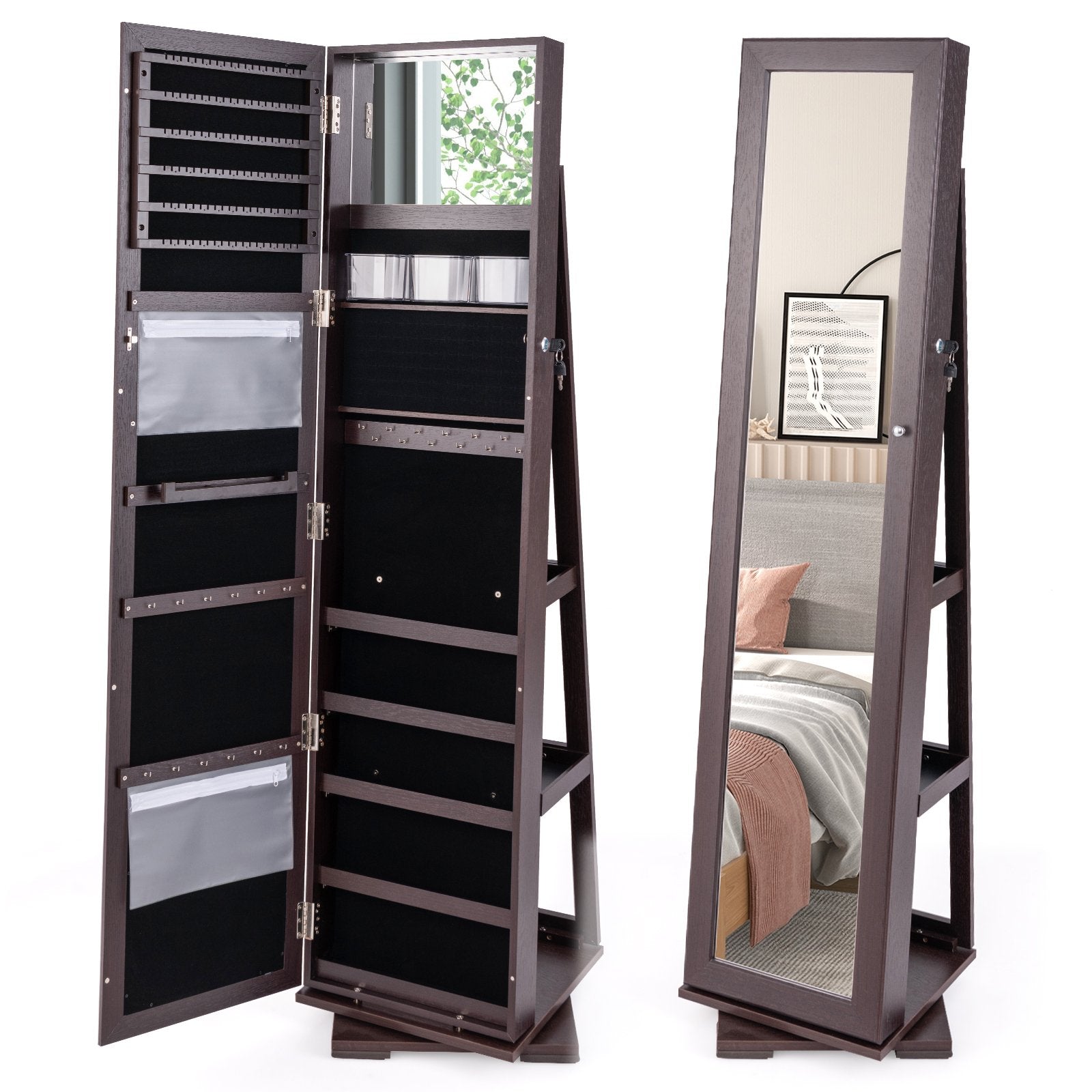 Full Length Mirrored Jewellery Cabinet Rotates 360¬∞ with Display Shelves-Coffee