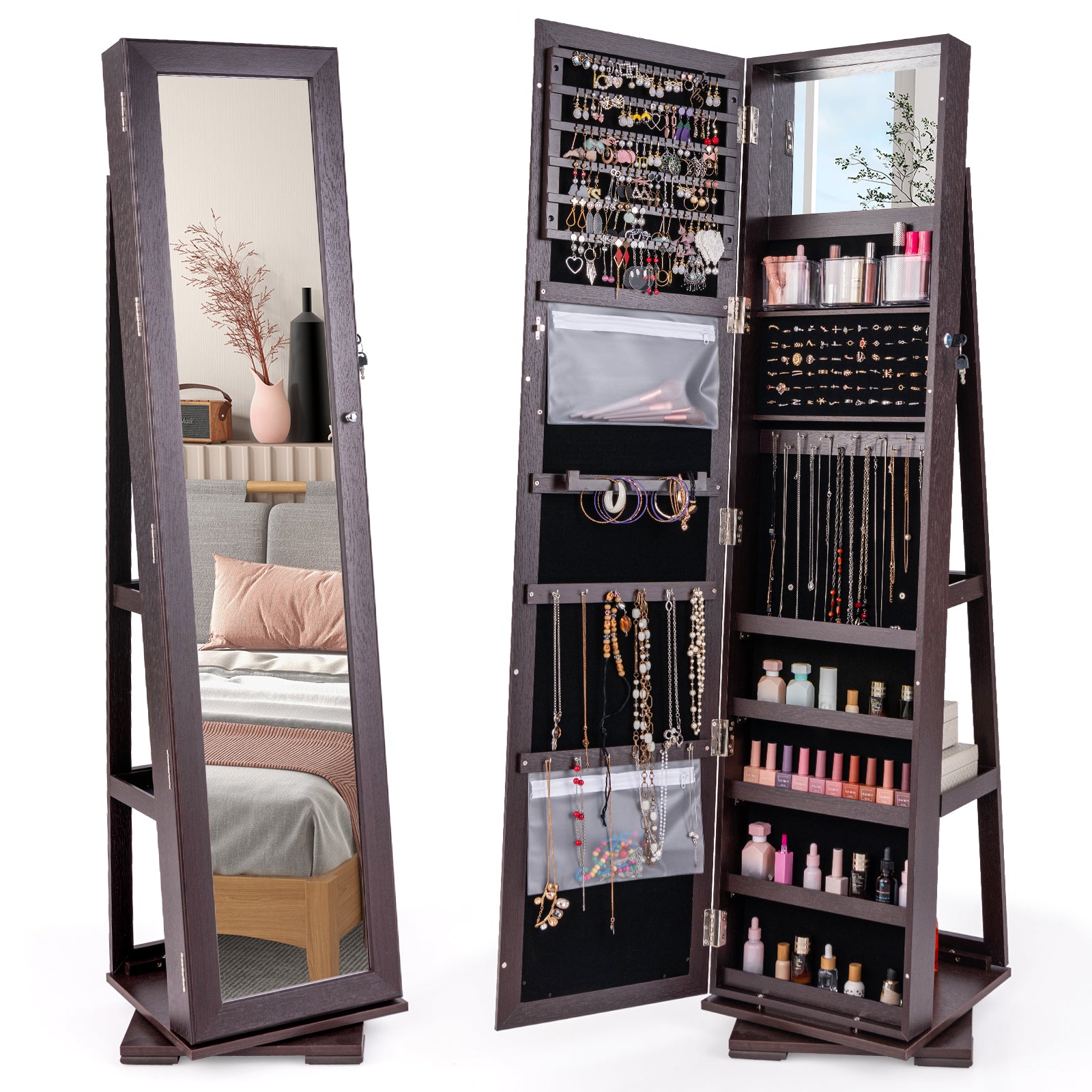 Full Length Mirrored Jewellery Cabinet Rotates 360¬∞ with Display Shelves-Coffee