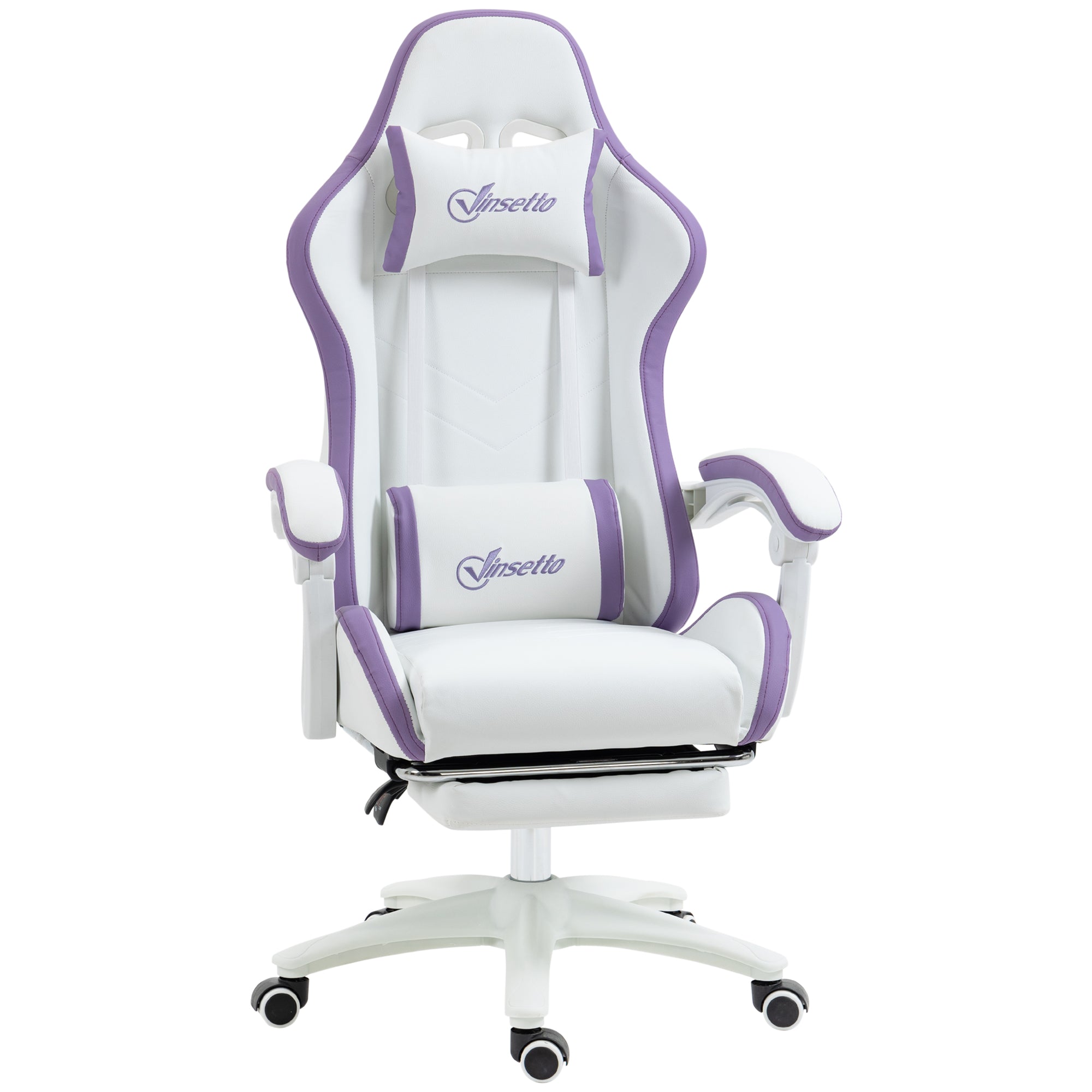 Vinsetto Computer Gaming Chair, PU Leather Office Desk Chair with Footrest, Swivel Wheels, 135√Ç¬∞ Reclining Back, Lumbar Support, Headrest for Home, White and Purple