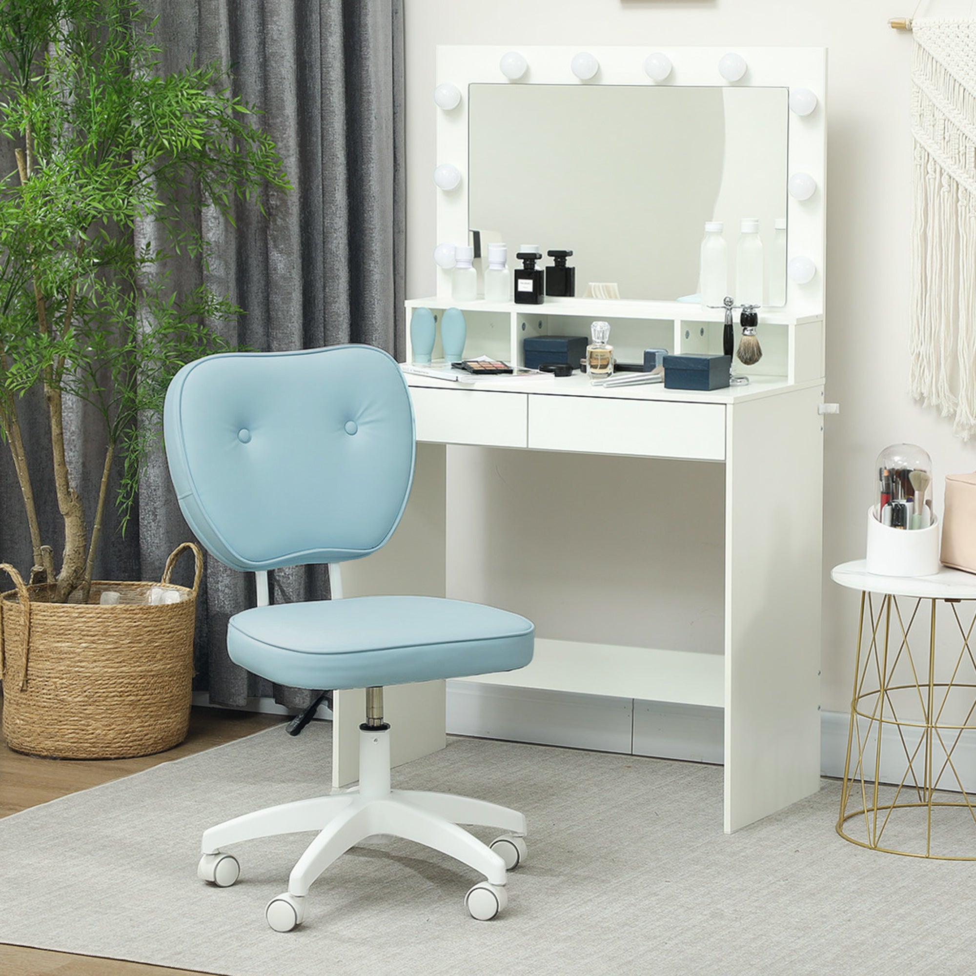 Vinsetto Vanity Office Chair, PU Leather Computer Chair for Home, with Adjustable Height, Armless, Swivel Wheels, Blue