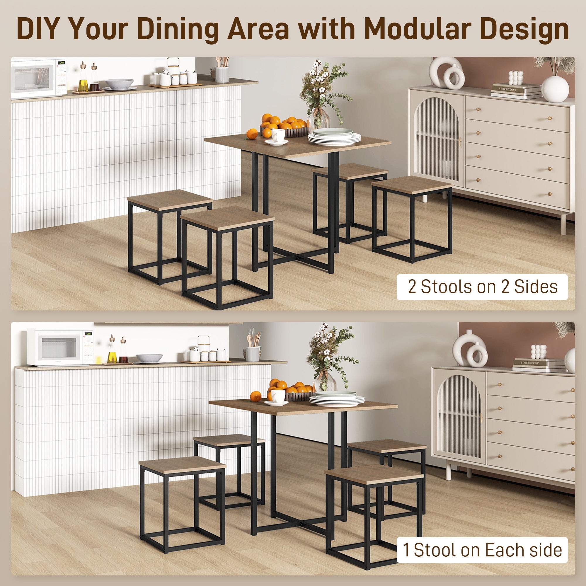 HOMCOM 5 Piece Dining Table and Chairs Set 4, Industrial Space Saving Table and Chairs with Metal Frame, Square Kitchen Table and Stools for Dining Room, Brown